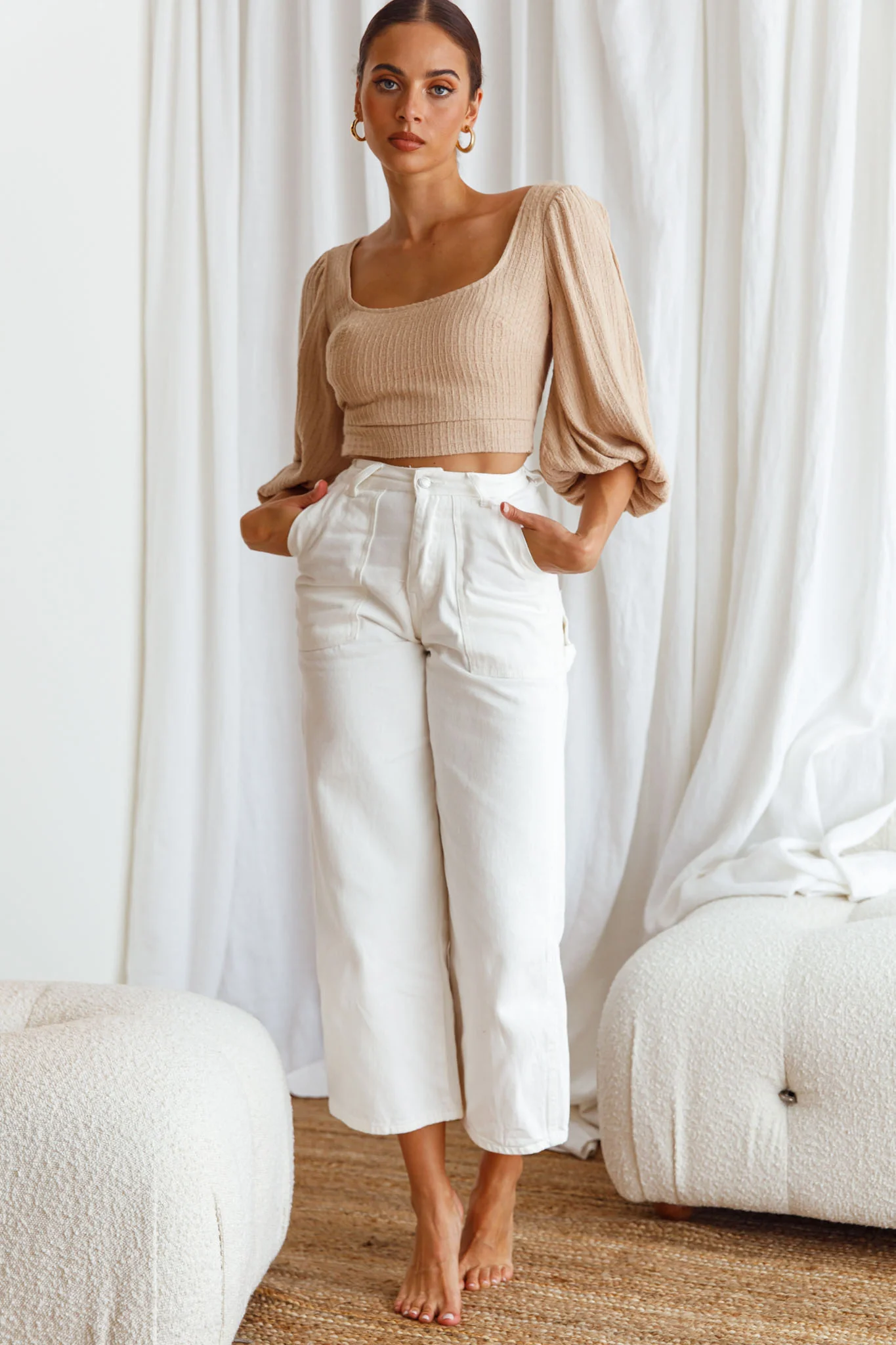 Love Like This Balloon Sleeve Open Back Crop Top Textured Beige - Image 3