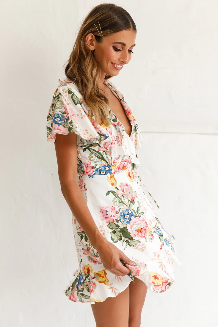 Love Story Angel Sleeve Wrap Dress Floral Print White - Image 5