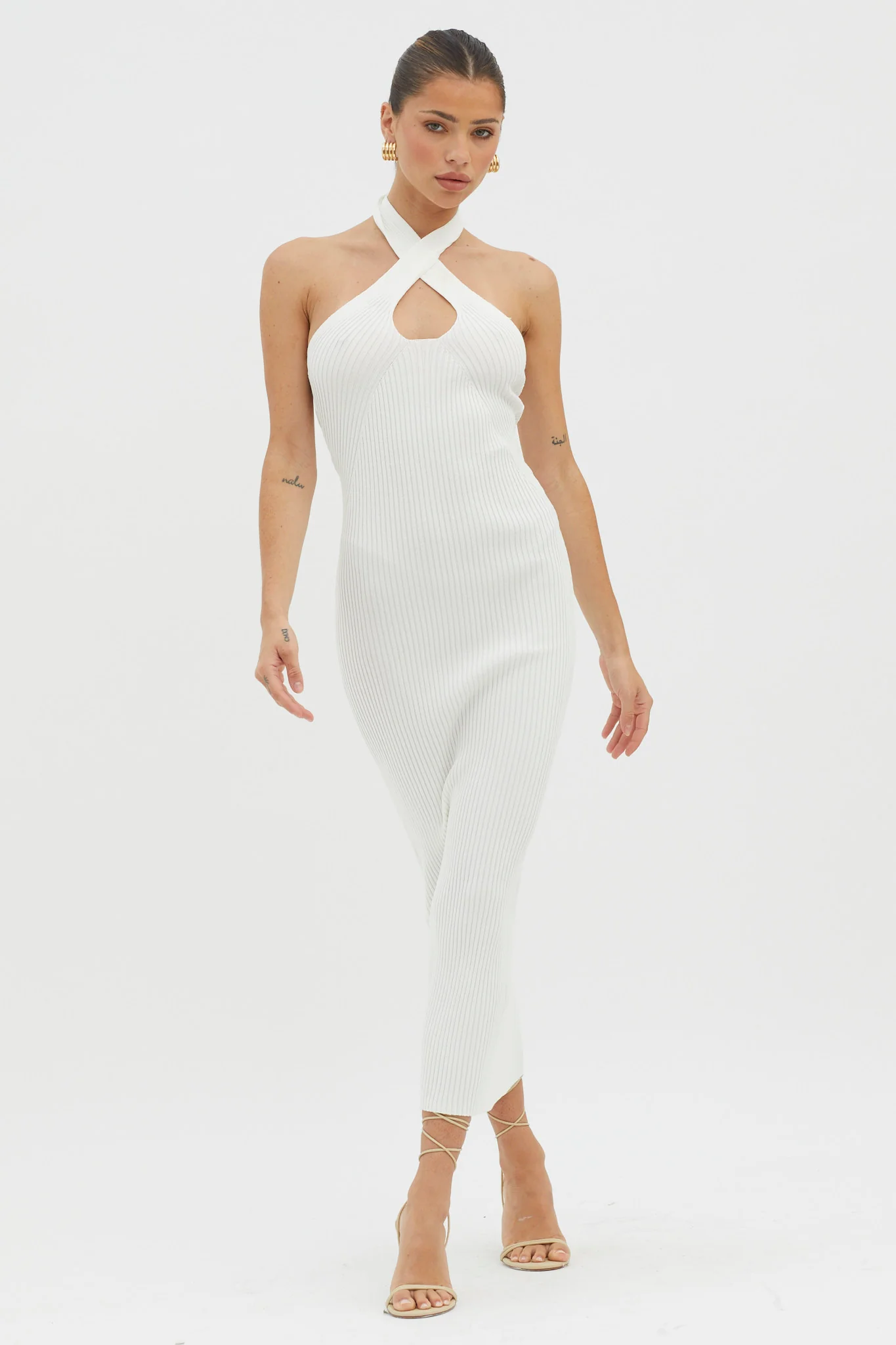 Lovelock Halterneck Ribbed Knit Midi Dress White - Image 3