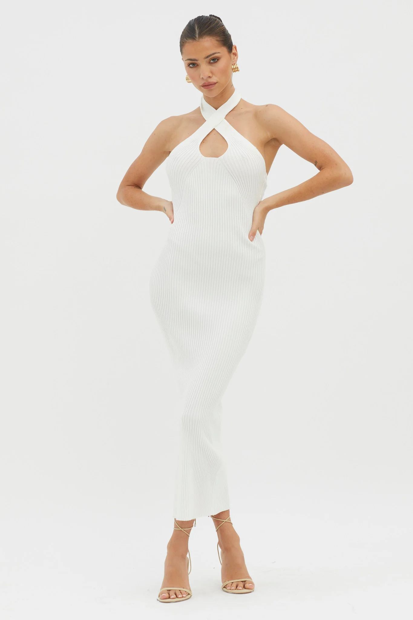 Lovelock Halterneck Ribbed Knit Midi Dress White - Image 5
