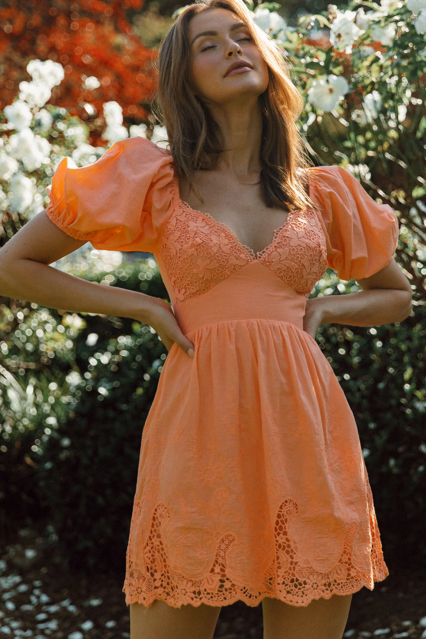 Lovers Lane Lace Trim Puff Sleeve Dress Neon Orange - Image 4