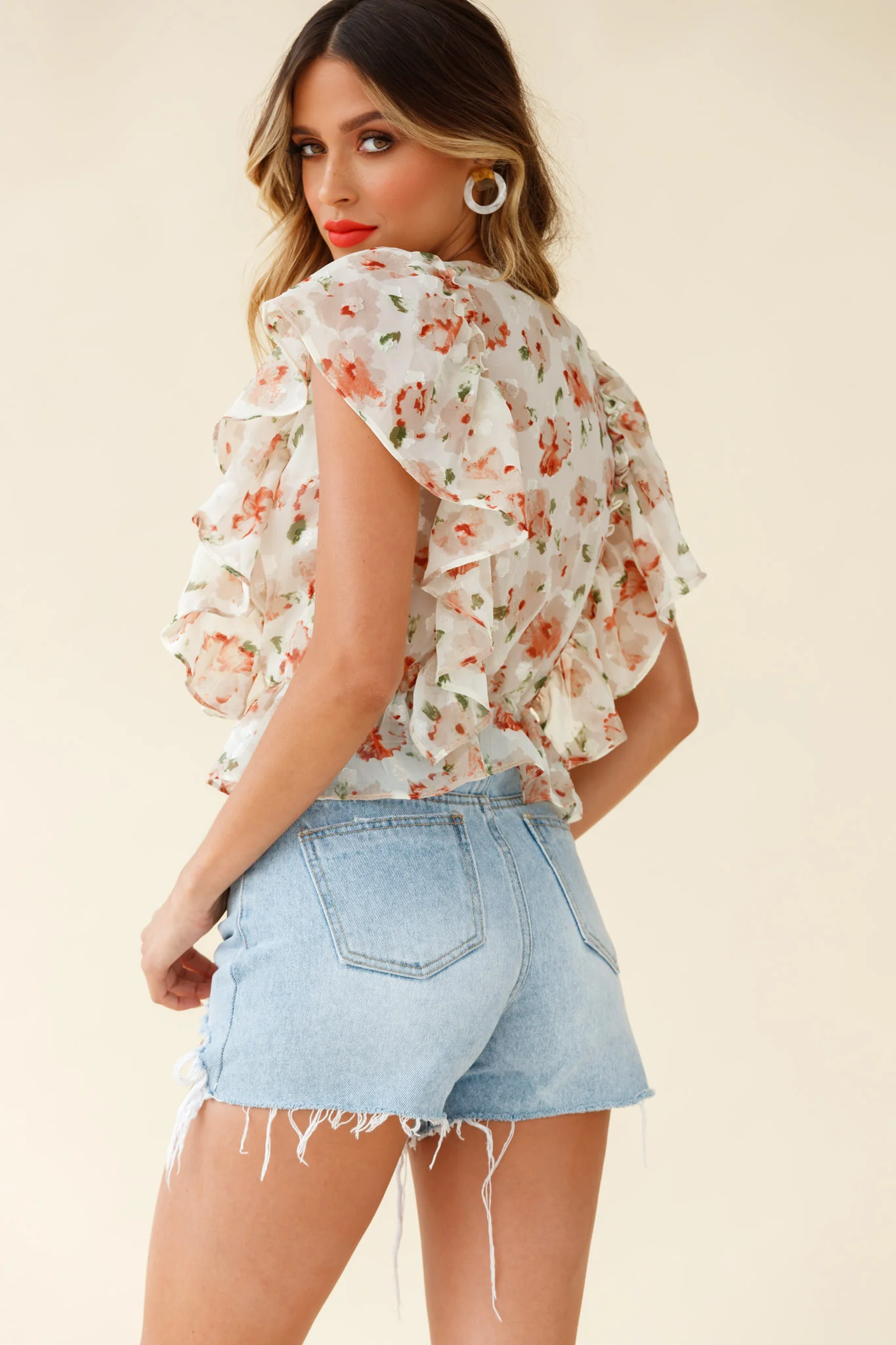Lucia Surplice Neckline Ruffle Detail Top Floral Print Beige - Image 2