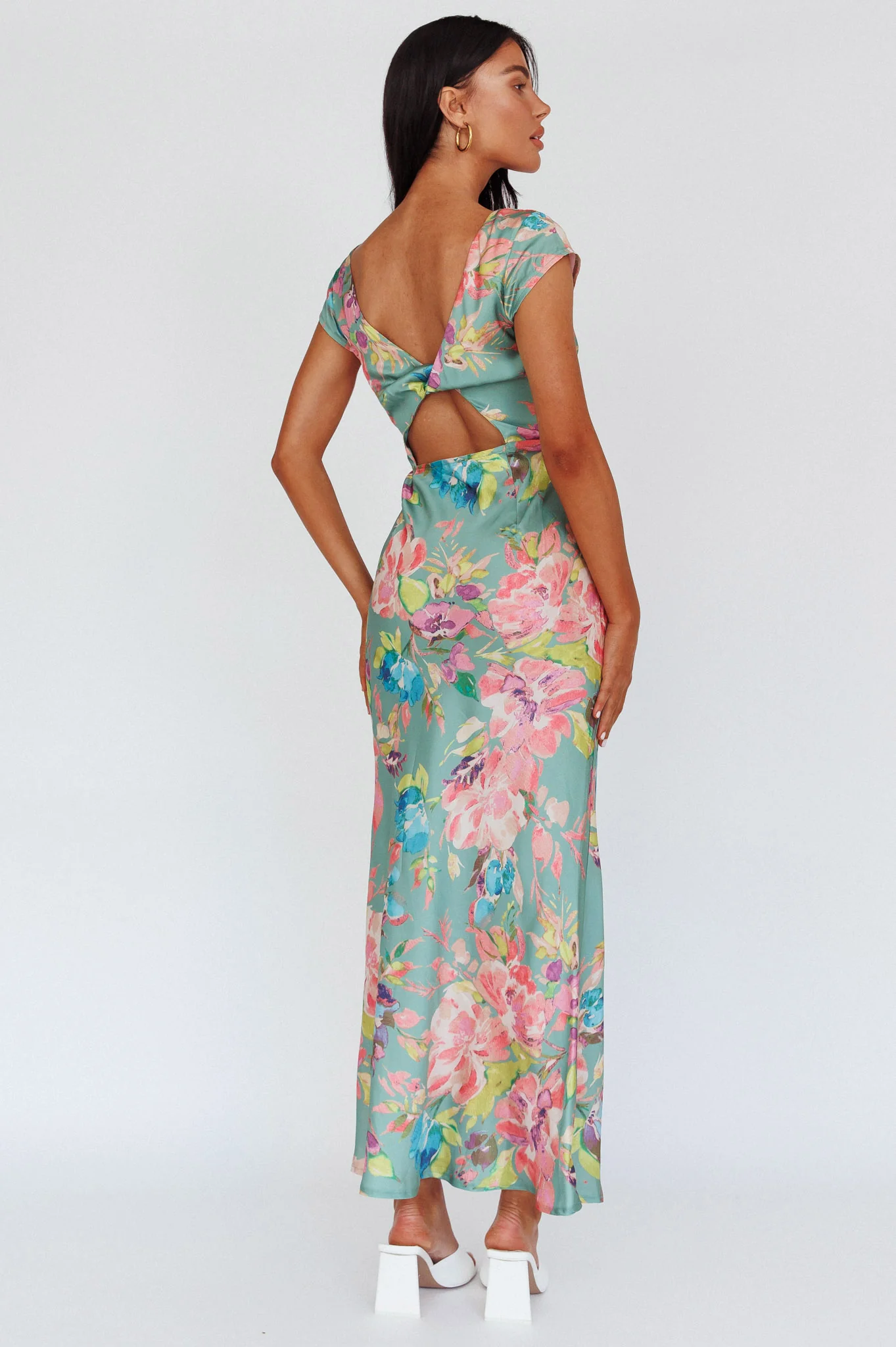 Lucinda Cap Sleeve Twist Back Midi Dress Floral Olive - Image 2