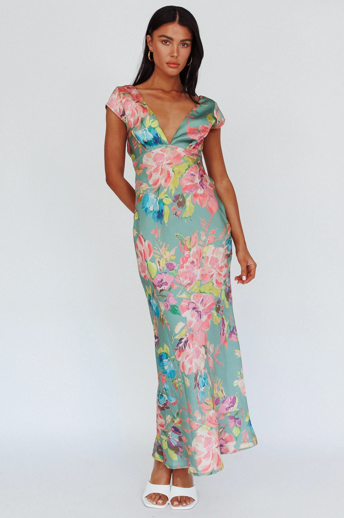 Lucinda Cap Sleeve Twist Back Midi Dress Floral Olive - Image 3
