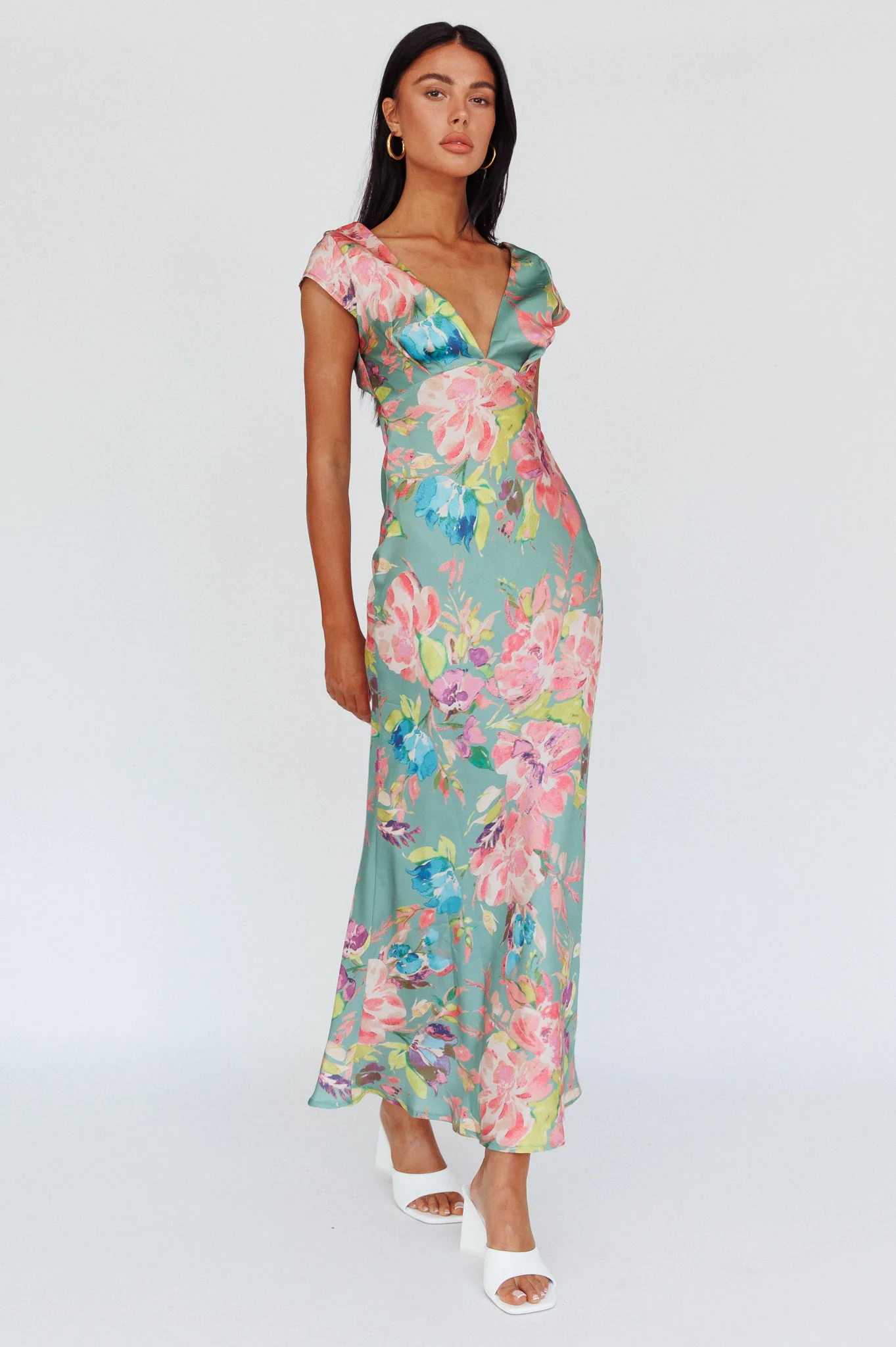 Lucinda Cap Sleeve Twist Back Midi Dress Floral Olive - Image 5