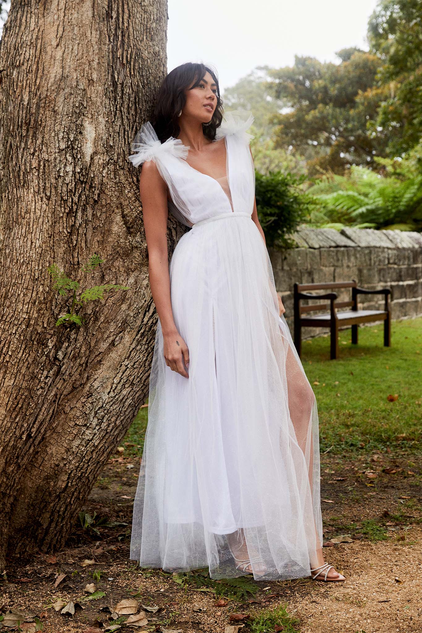 Ludivine Shoulder Accent Mesh Midi Dress Glitter White - Image 2