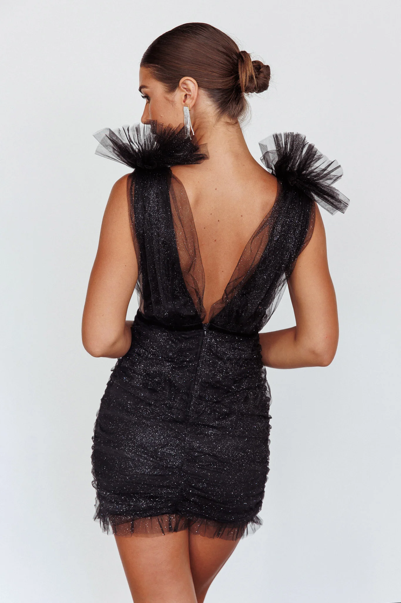 Ludivine Shoulder Accent Mesh Mini Dress Black Glitter - Image 2
