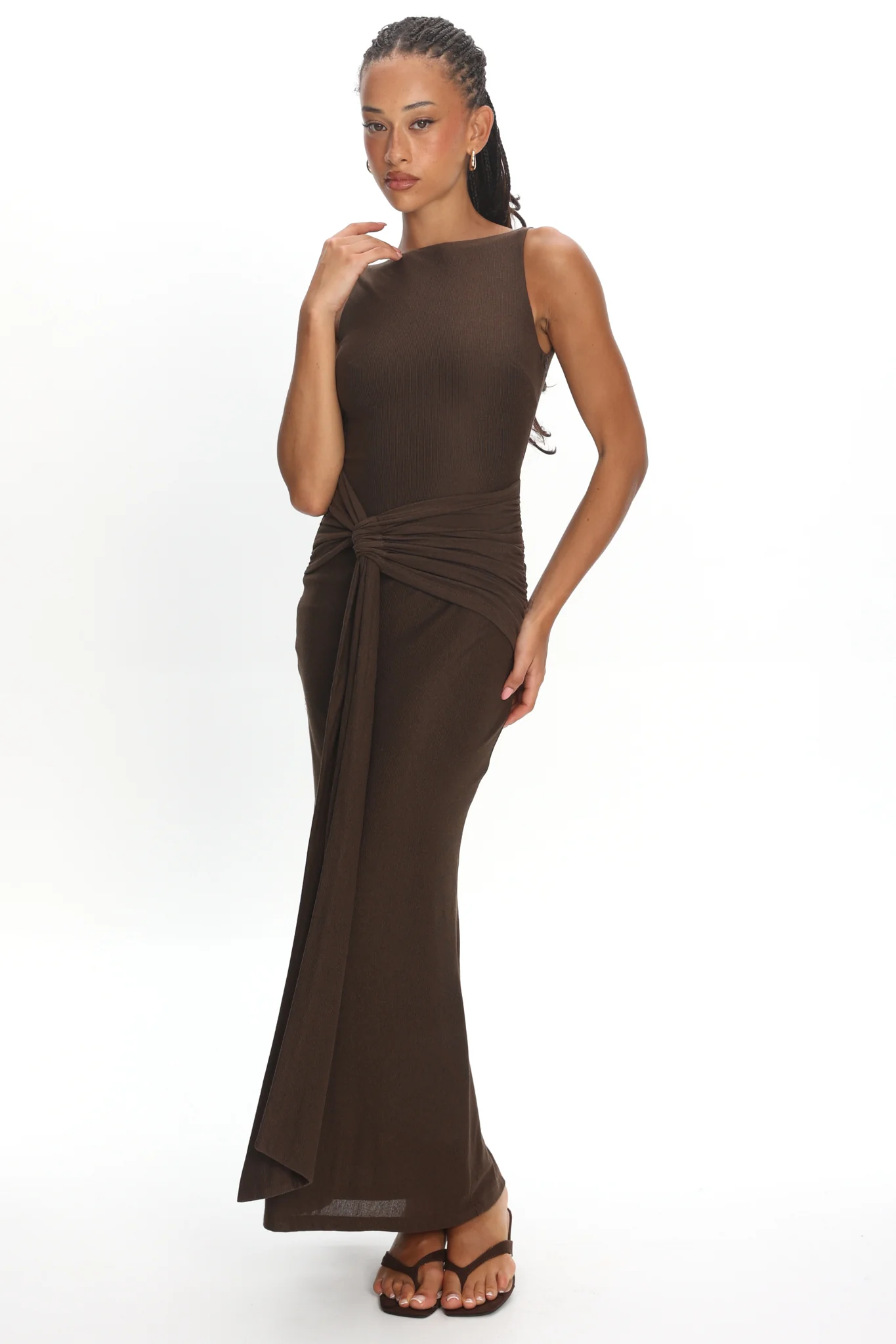 Luli Boat Neck Sash Maxi Dress Chocolate - Image 5