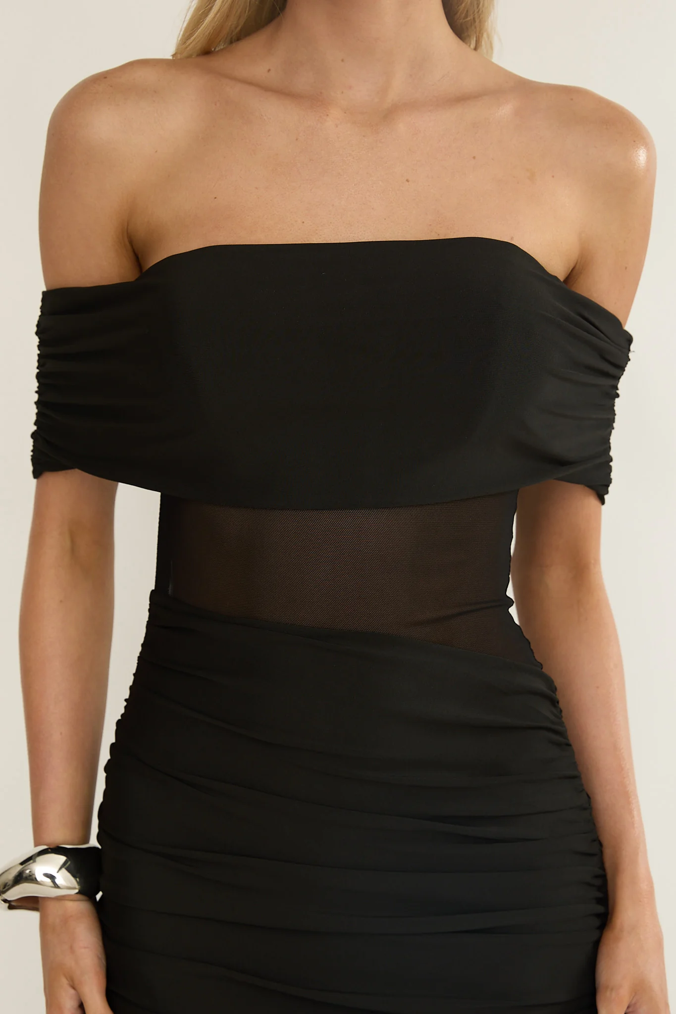 Lumiere Off Shoulder Sheer Mesh Dress Black - Image 3