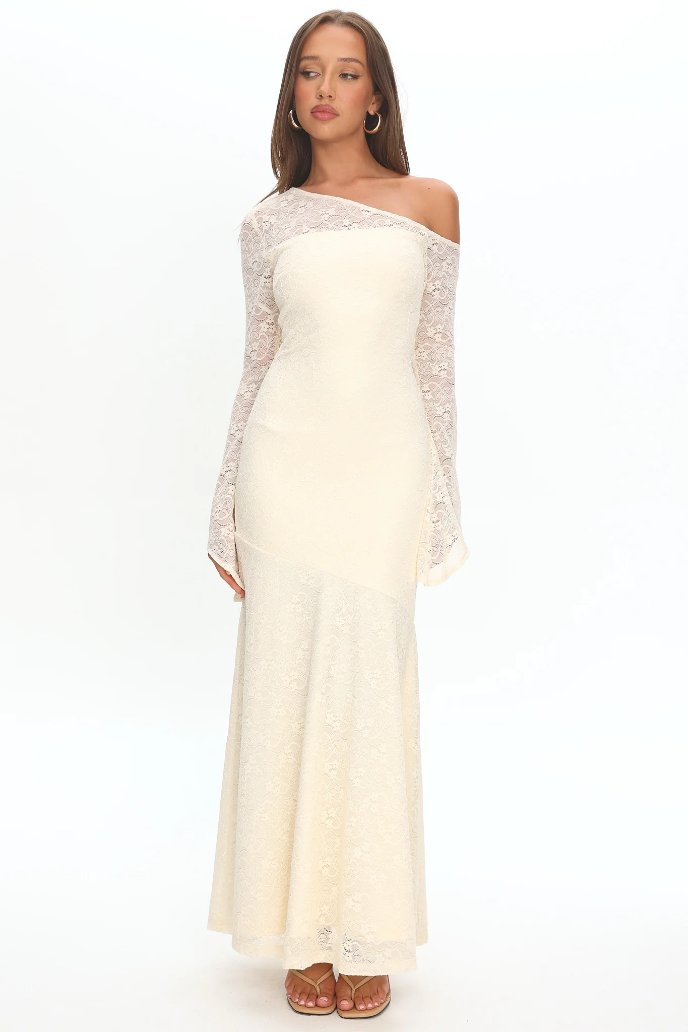 Lylah Asymmetric Neckline Long Sleeve Maxi Dress Lace Butter - Image 4