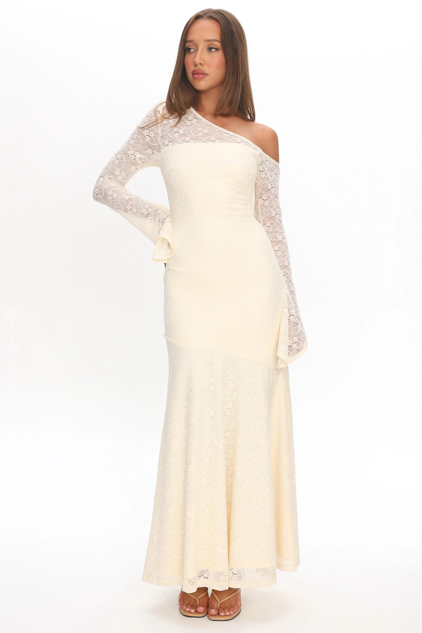 Lylah Asymmetric Neckline Long Sleeve Maxi Dress Lace Butter - Image 5