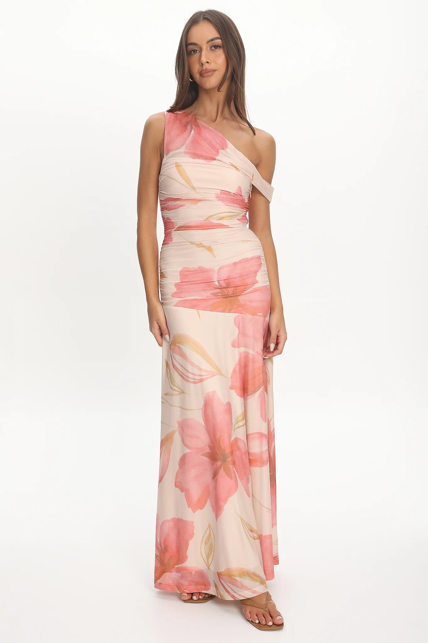 Lylah Asymmetric Neckline Mesh Maxi Dress Floral - Image 2