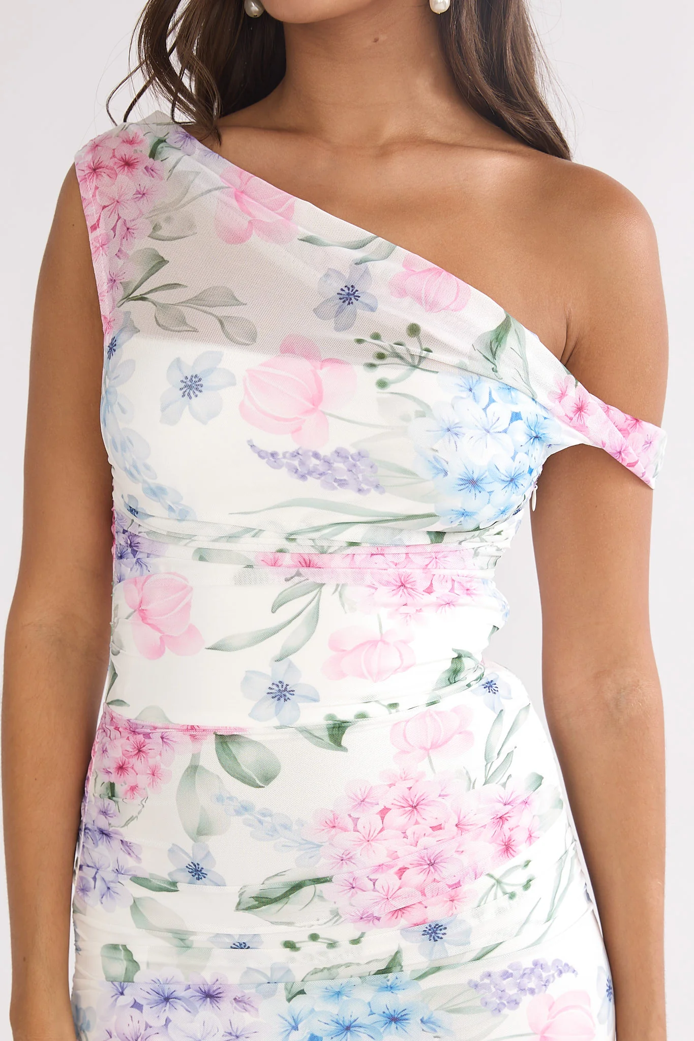 Lylah Asymmetric Neckline Mesh Maxi Dress Floral Blue - Image 3