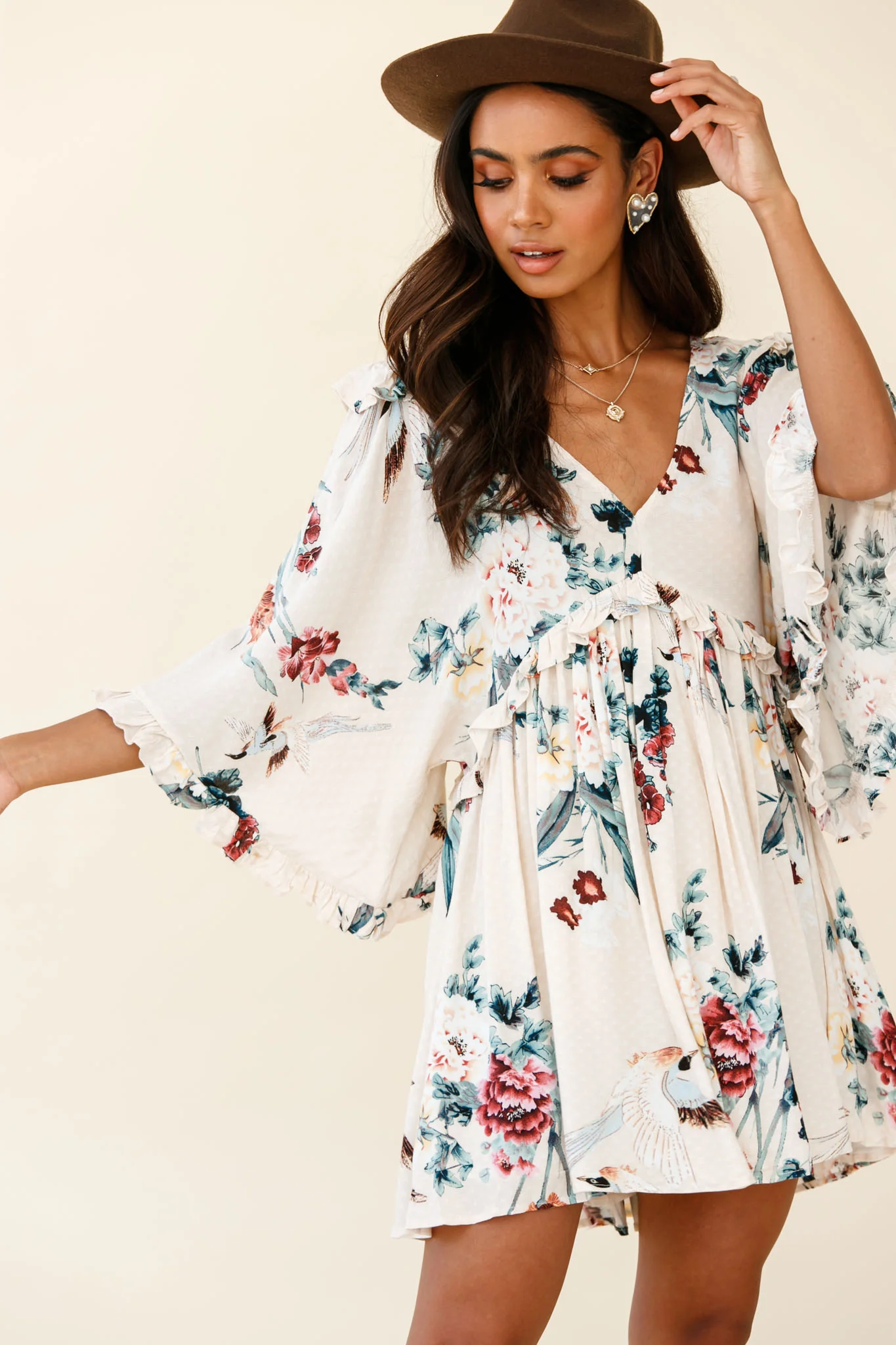 Lynette Loose Fit Angel Sleeve Dress Botanic Print Nude - Image 4