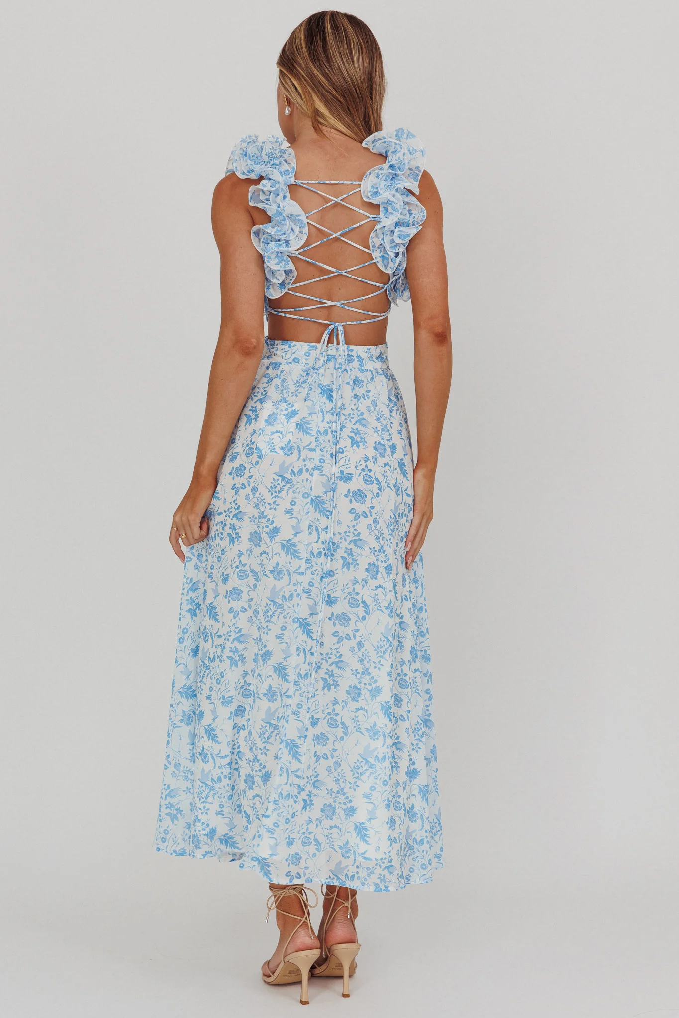 Madara Lace-Up Back Maxi Dress Flowers Blue - Image 3