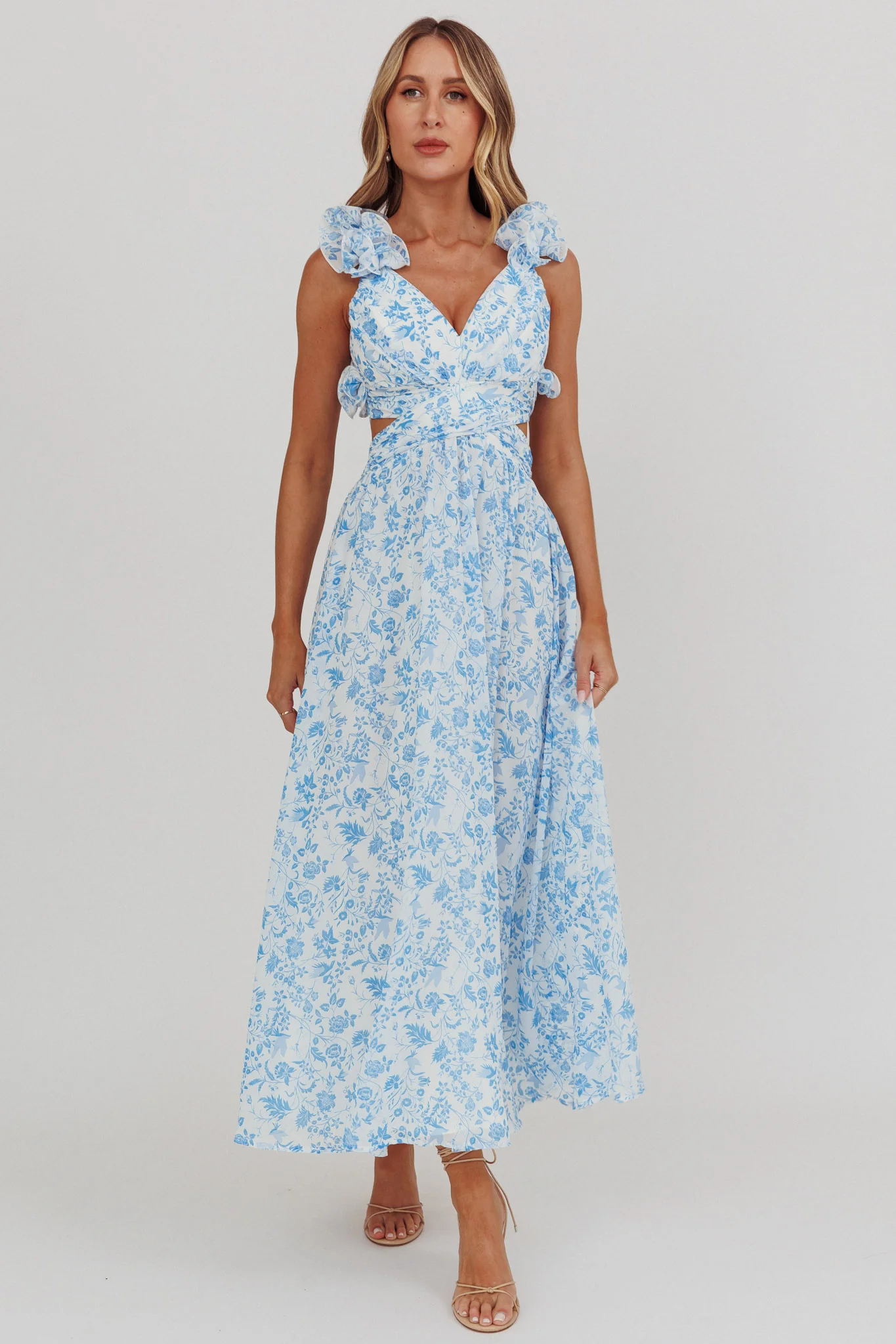 Madara Lace-Up Back Maxi Dress Flowers Blue - Image 5