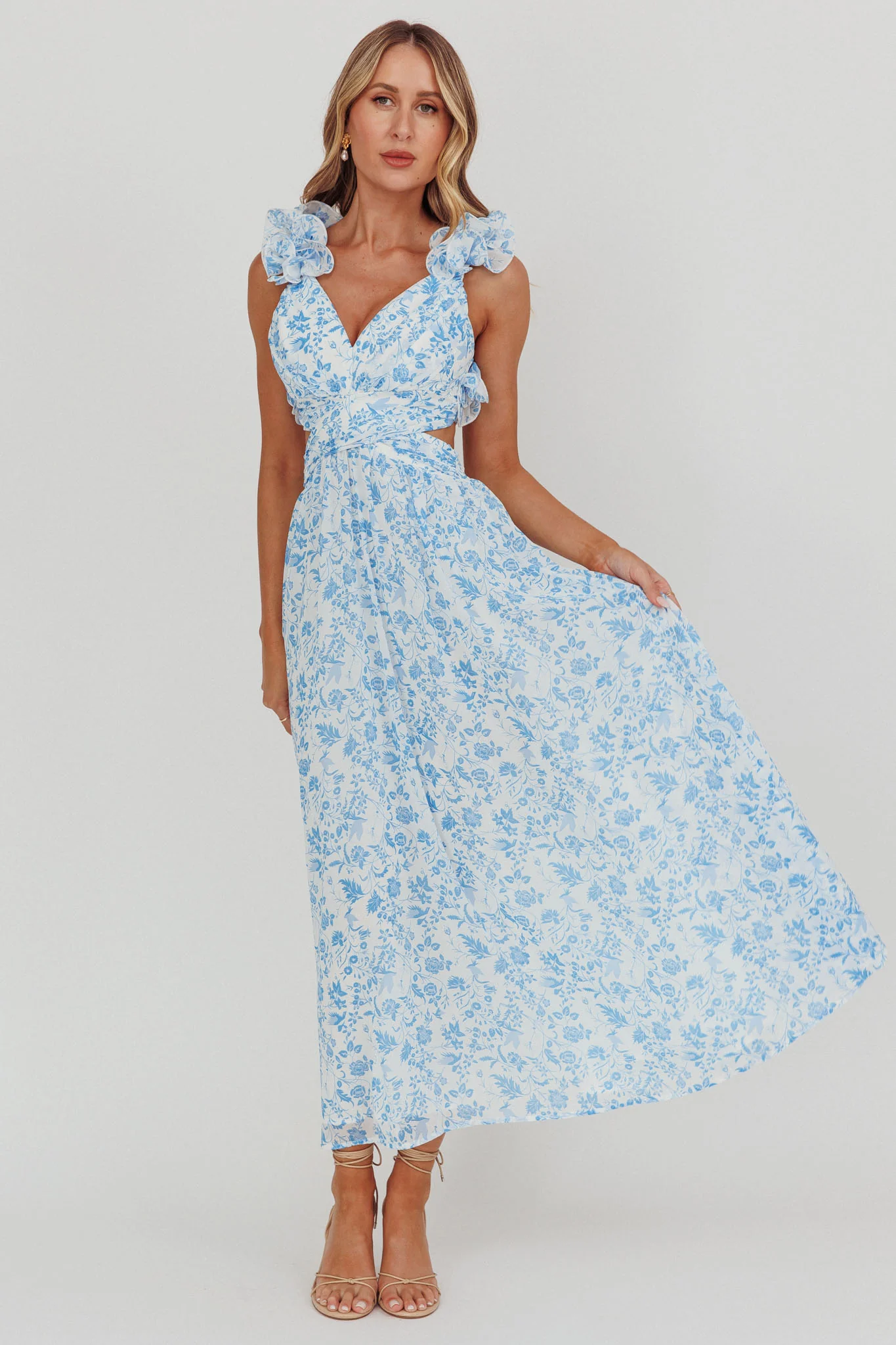 Madara Lace-Up Back Maxi Dress Flowers Blue - Image 6