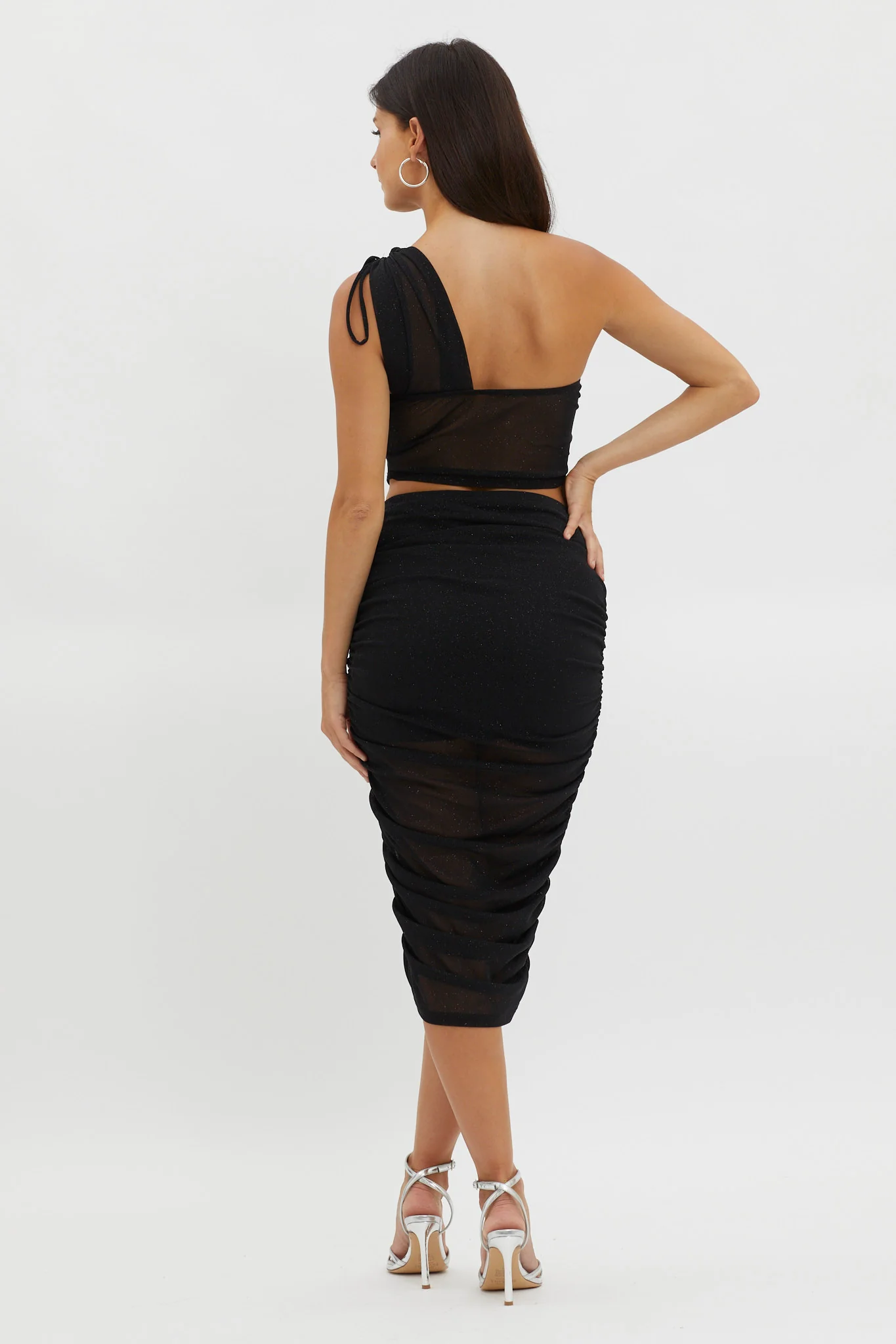 Maddisan Ruched Glitter Mesh Midi Skirt Black - Image 3