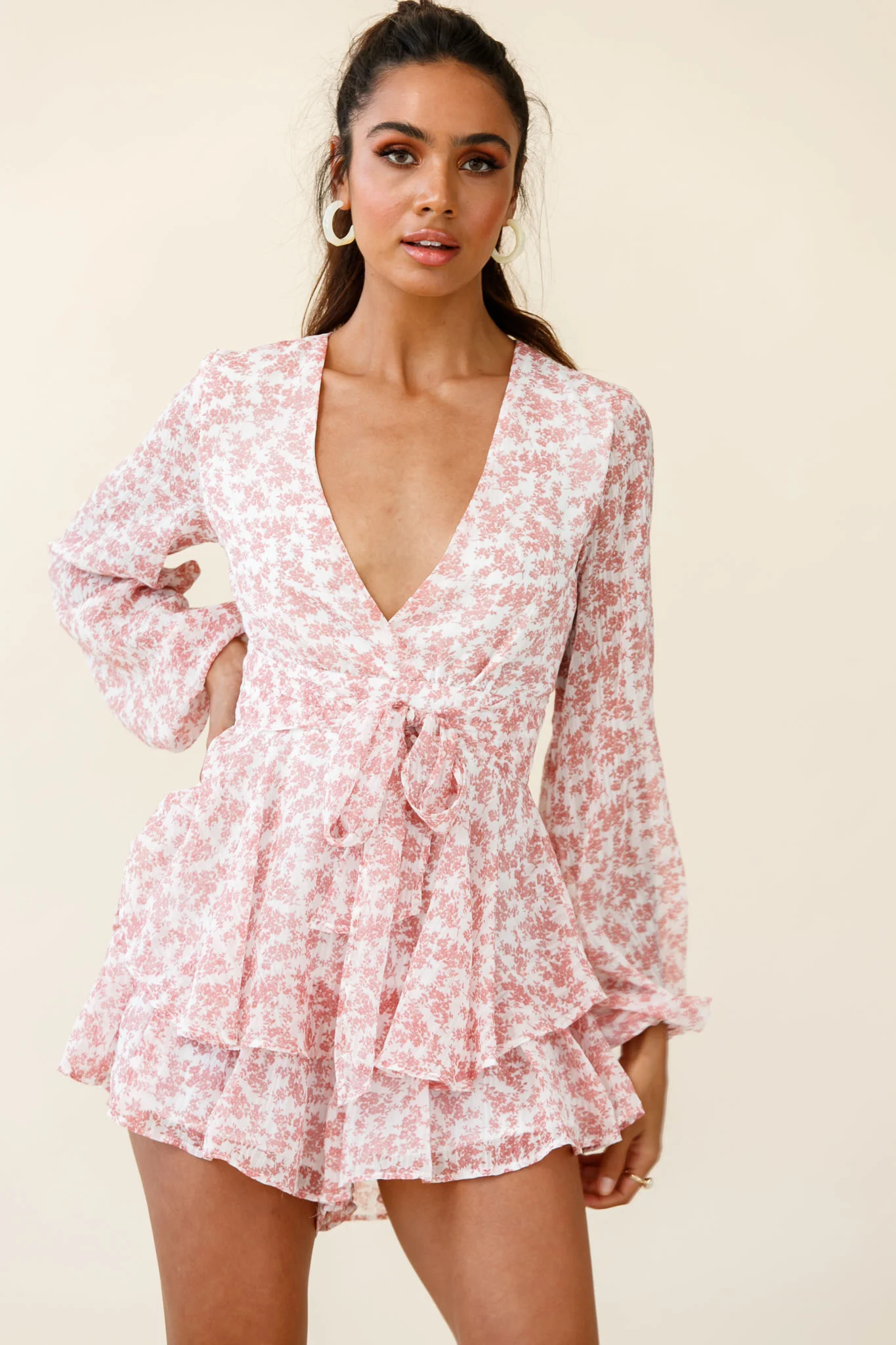 Maddox Fit & Flare Long Sleeve Romper Dainty Floral Print Pink - Image 4