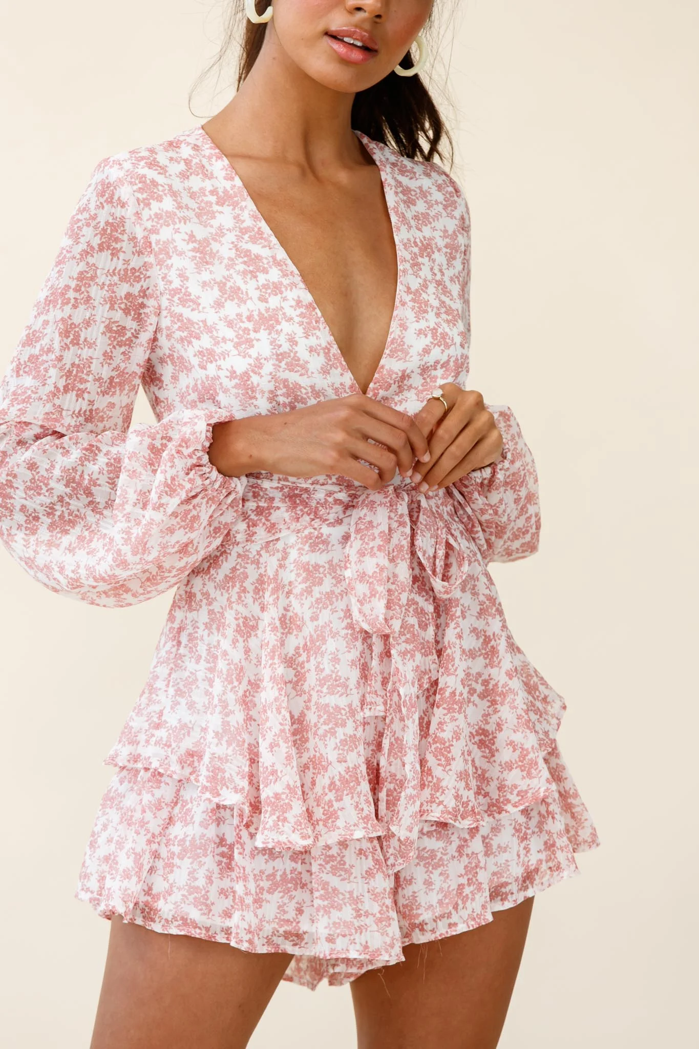 Maddox Fit & Flare Long Sleeve Romper Dainty Floral Print Pink - Image 5