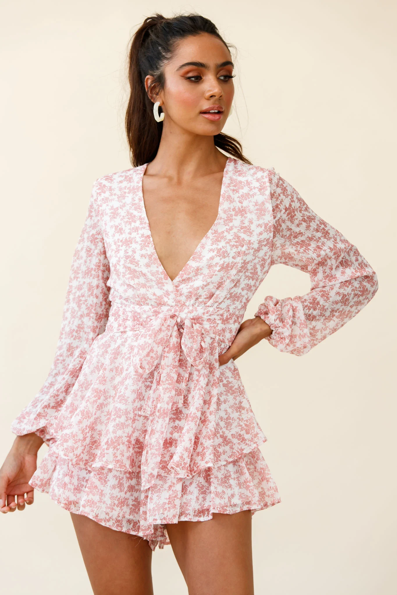 Maddox Fit & Flare Long Sleeve Romper Dainty Floral Print Pink - Image 6