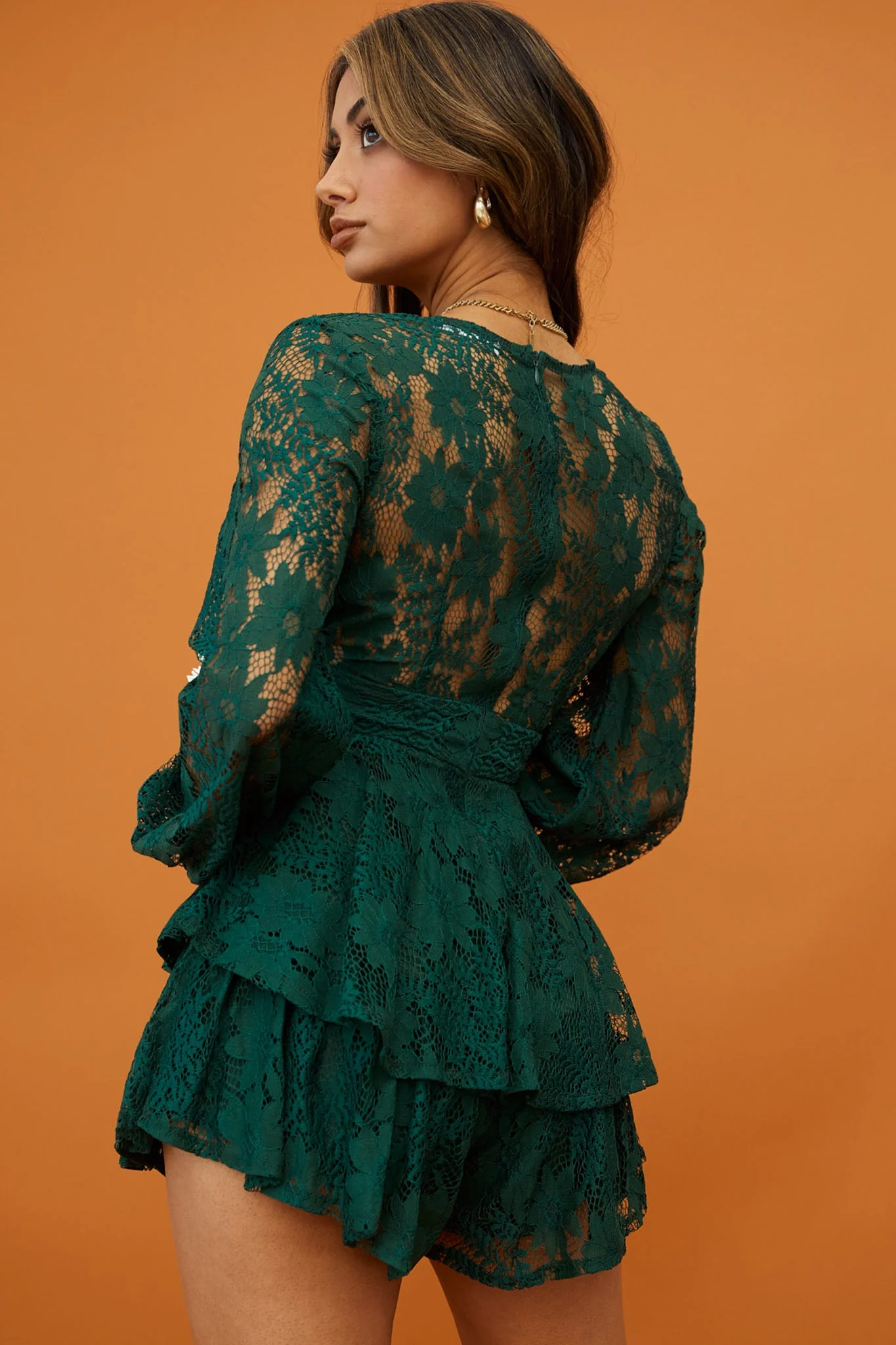 Maddox Fit & Flare Long Sleeve Romper Floral Lace Forest Green - Image 6