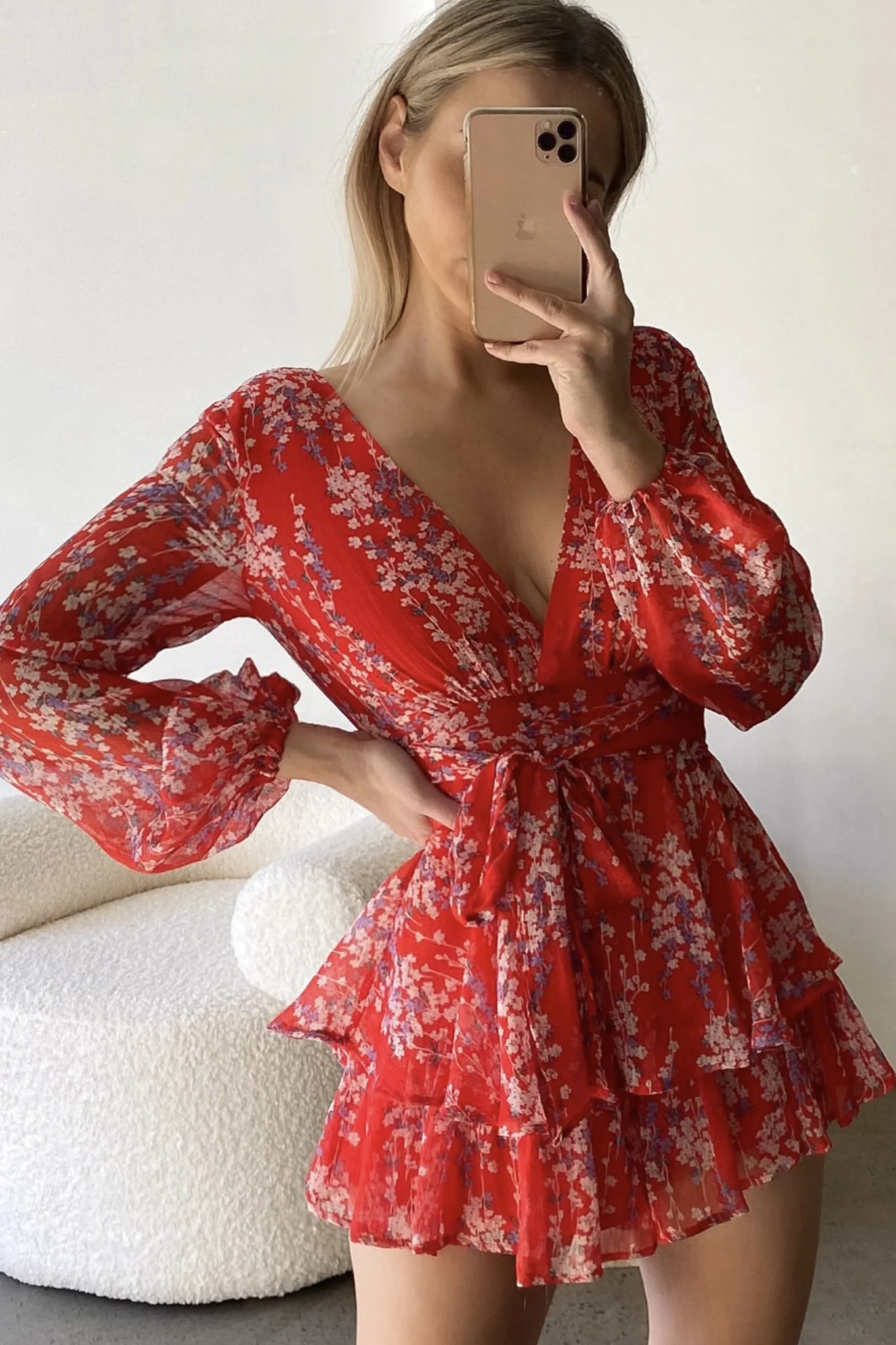 Maddox Fit & Flare Long Sleeve Romper Floral Vine Red - Image 5