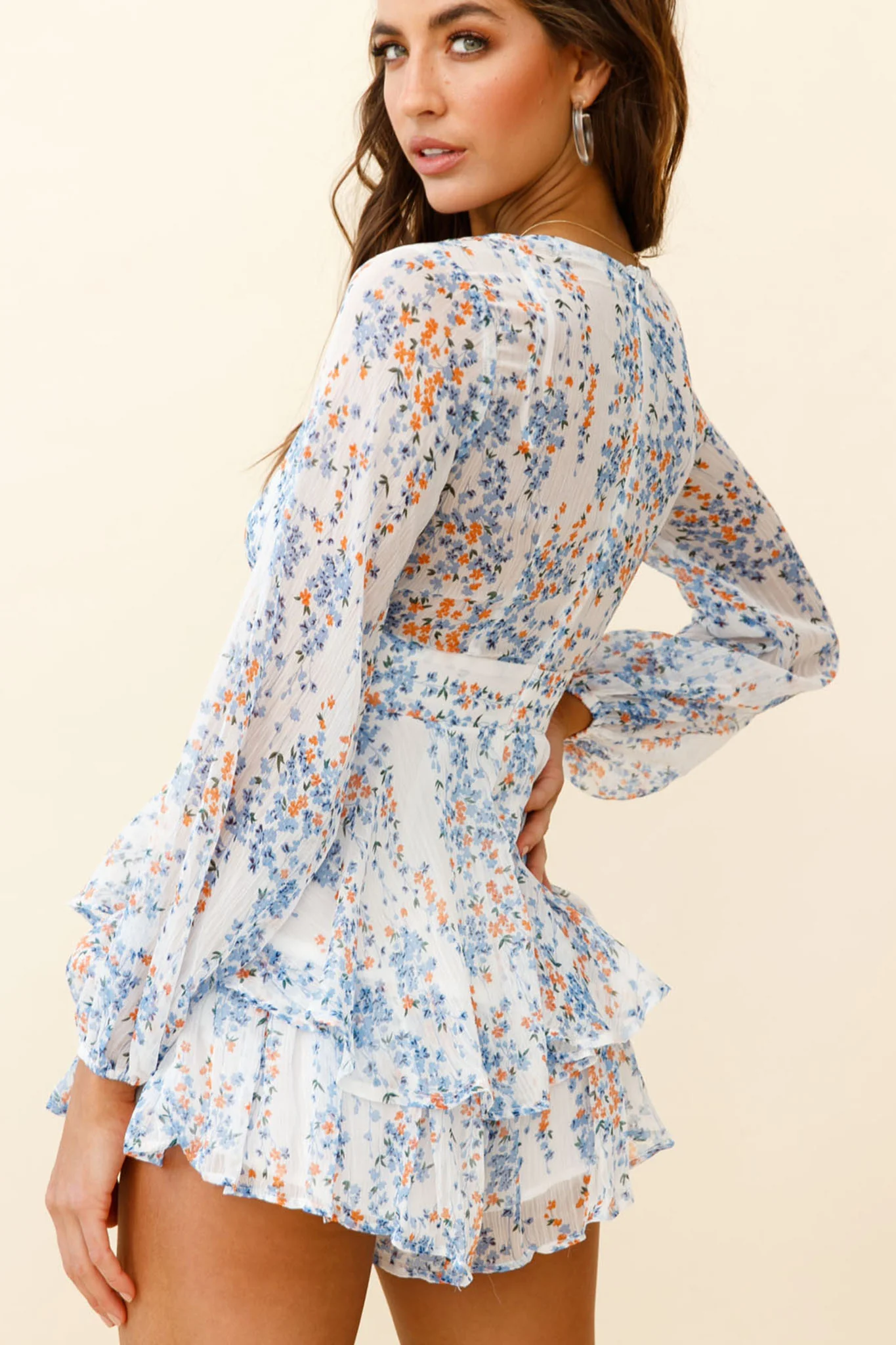 Maddox Fit & Flare Long Sleeve Romper Floral Vine White - Image 2