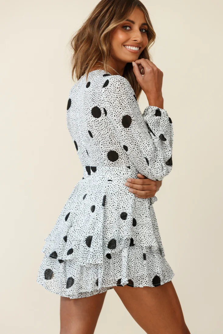 Maddox Fit & Flare Long Sleeve Romper Large Spot Print White - Image 6