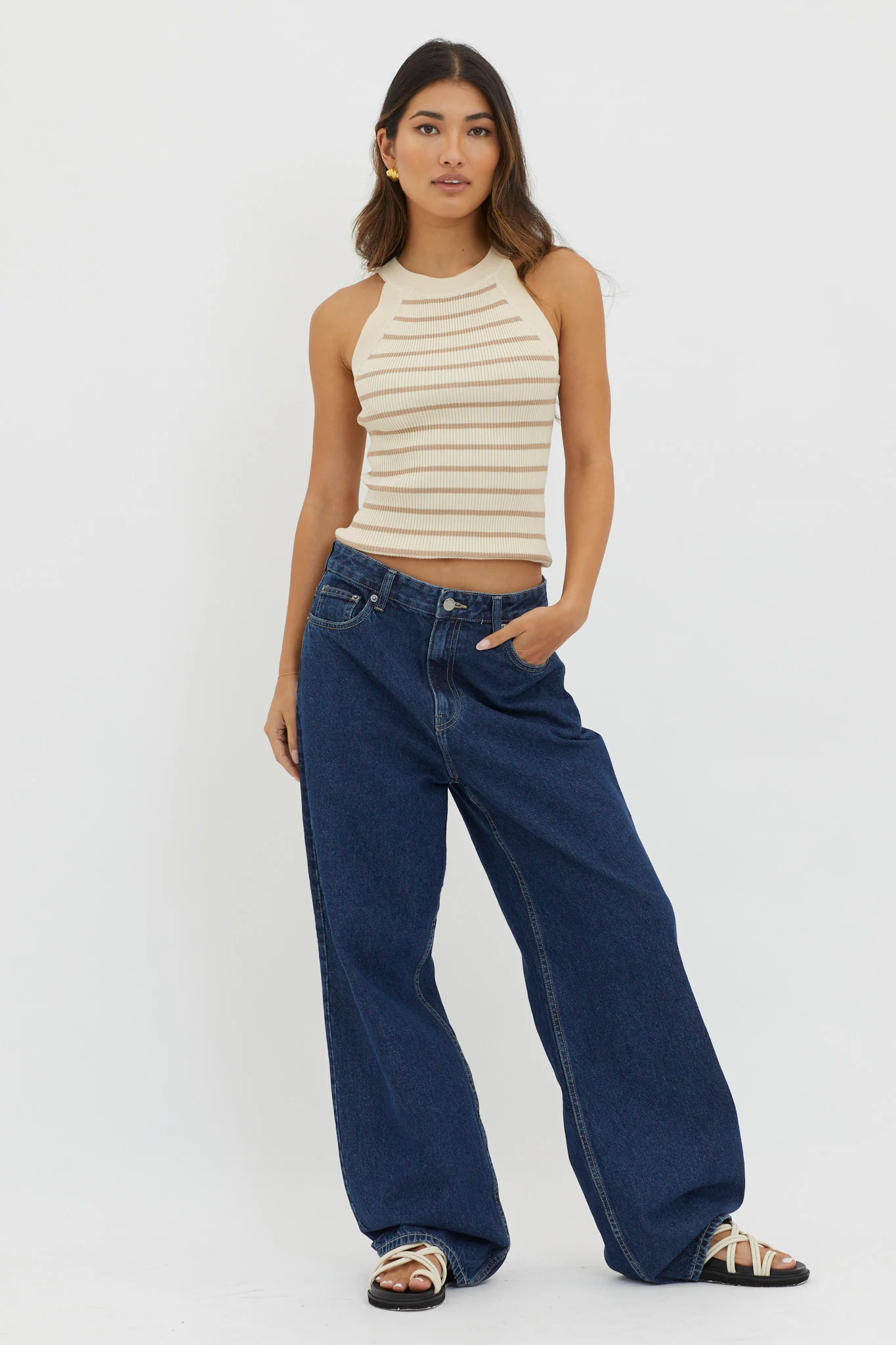 Made It Ribbed Knit Top Stripe Beige - Image 3