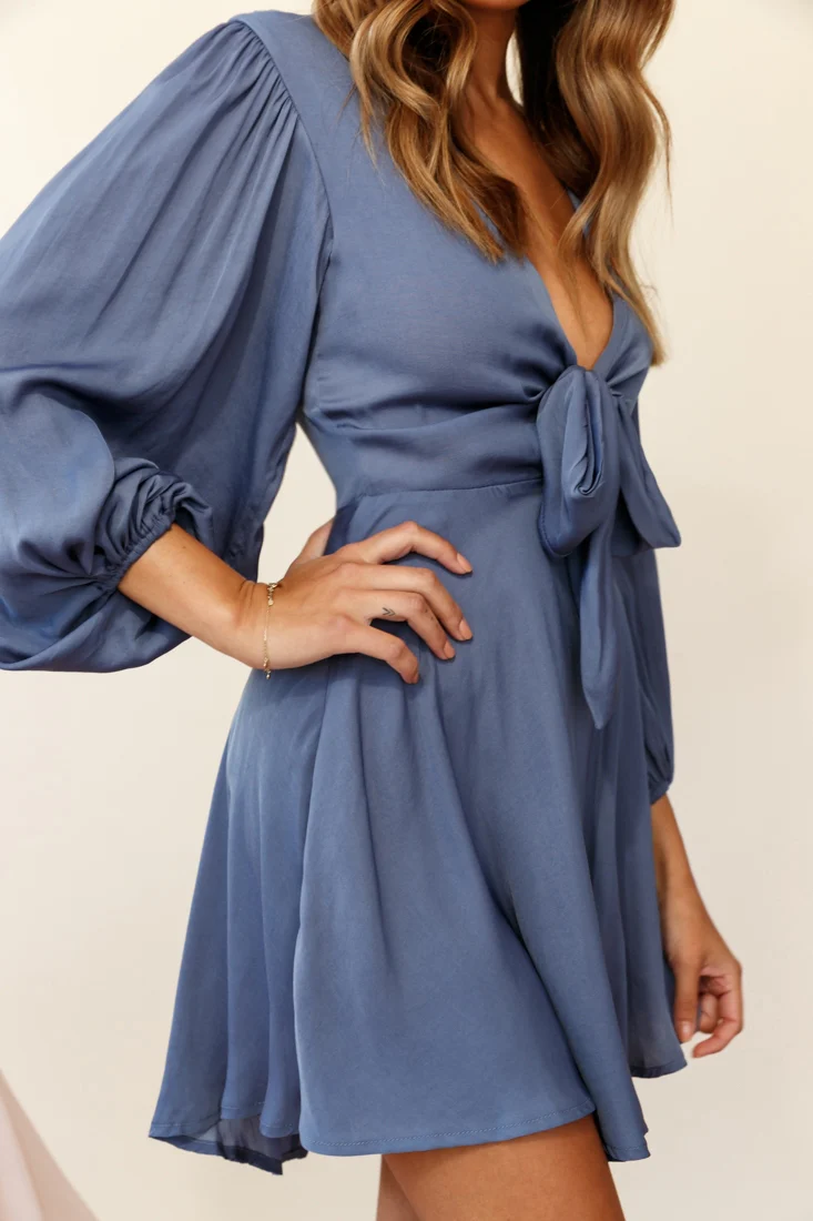 Madison Bow Tie Bust Balloon Sleeve Dress Midnight Blue - Image 6