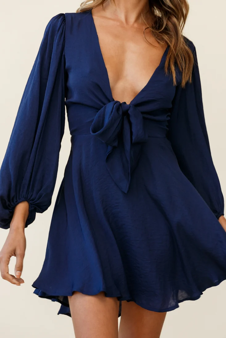 Madison Bow Tie Bust Balloon Sleeve Dress Navy - Image 2