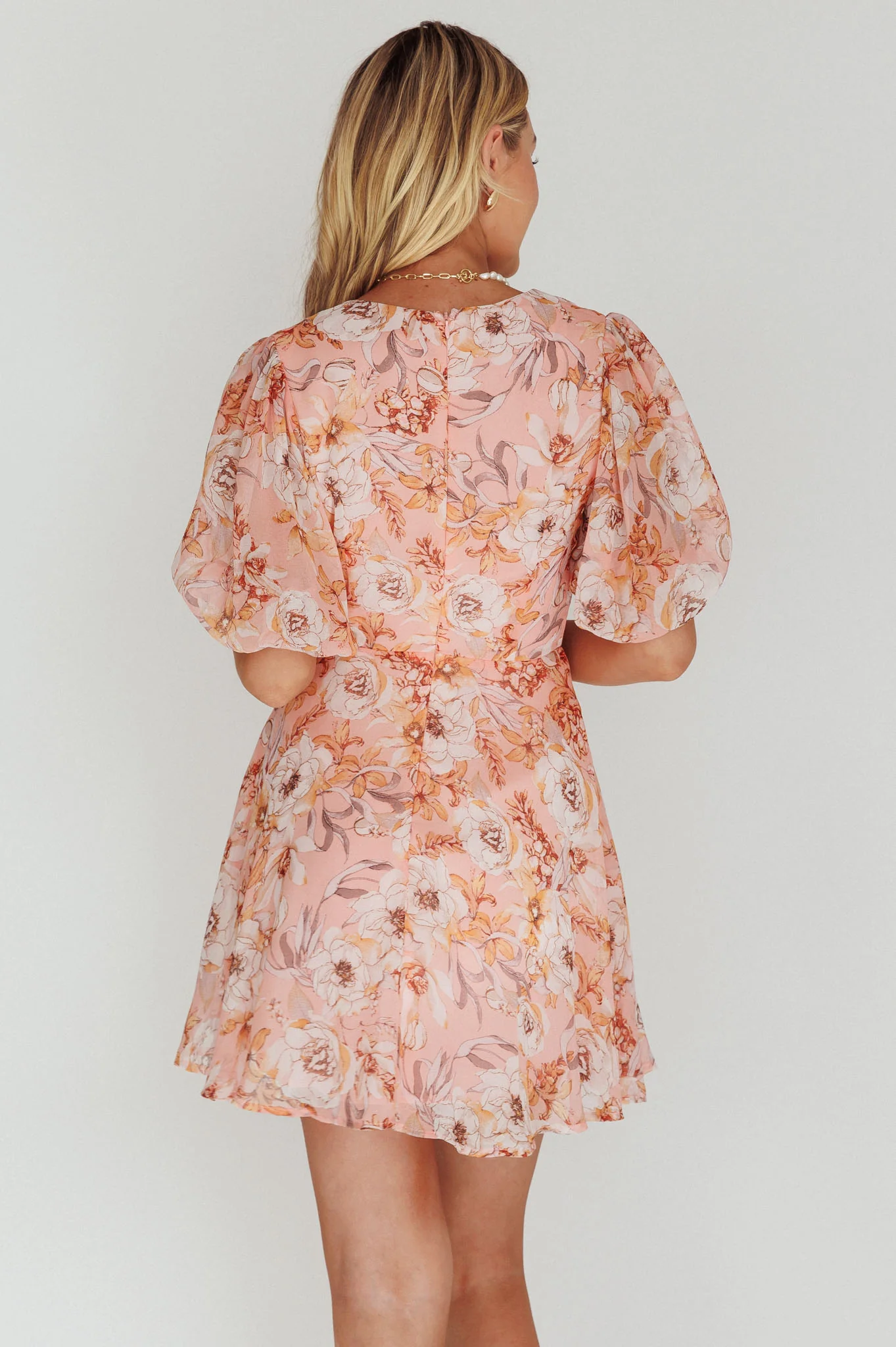Madison Bow Tie Bust Puff Sleeve Dress Flowers Orange - Image 2