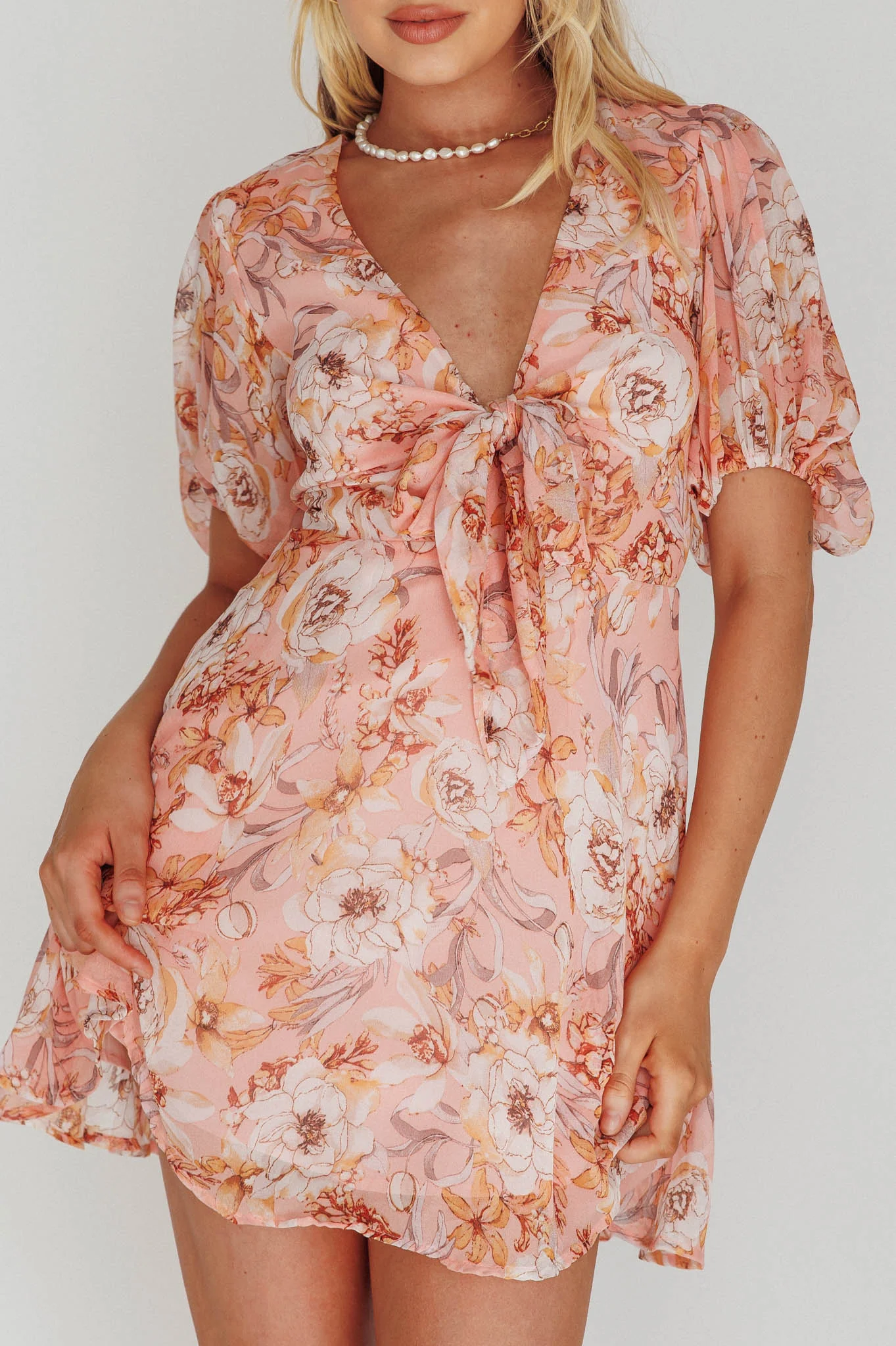 Madison Bow Tie Bust Puff Sleeve Dress Flowers Orange - Image 4
