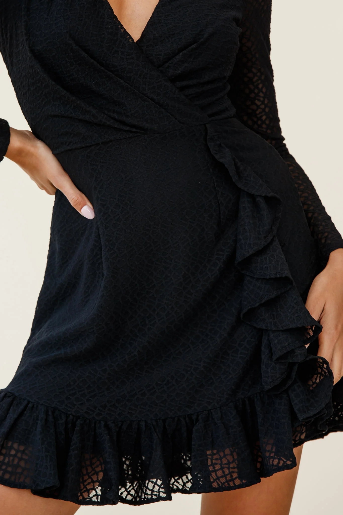 Madonna Long Sleeve Ruffle Trim Embroidered Dress Black - Image 4