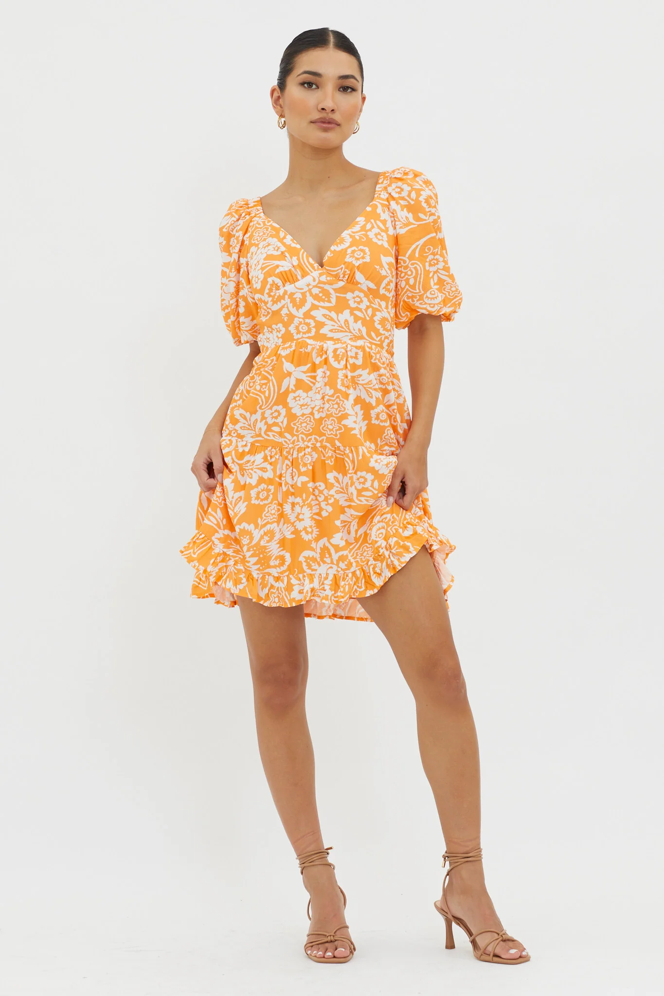 Madrid Summer Tied Back Mini Dress Print Orange - Image 3