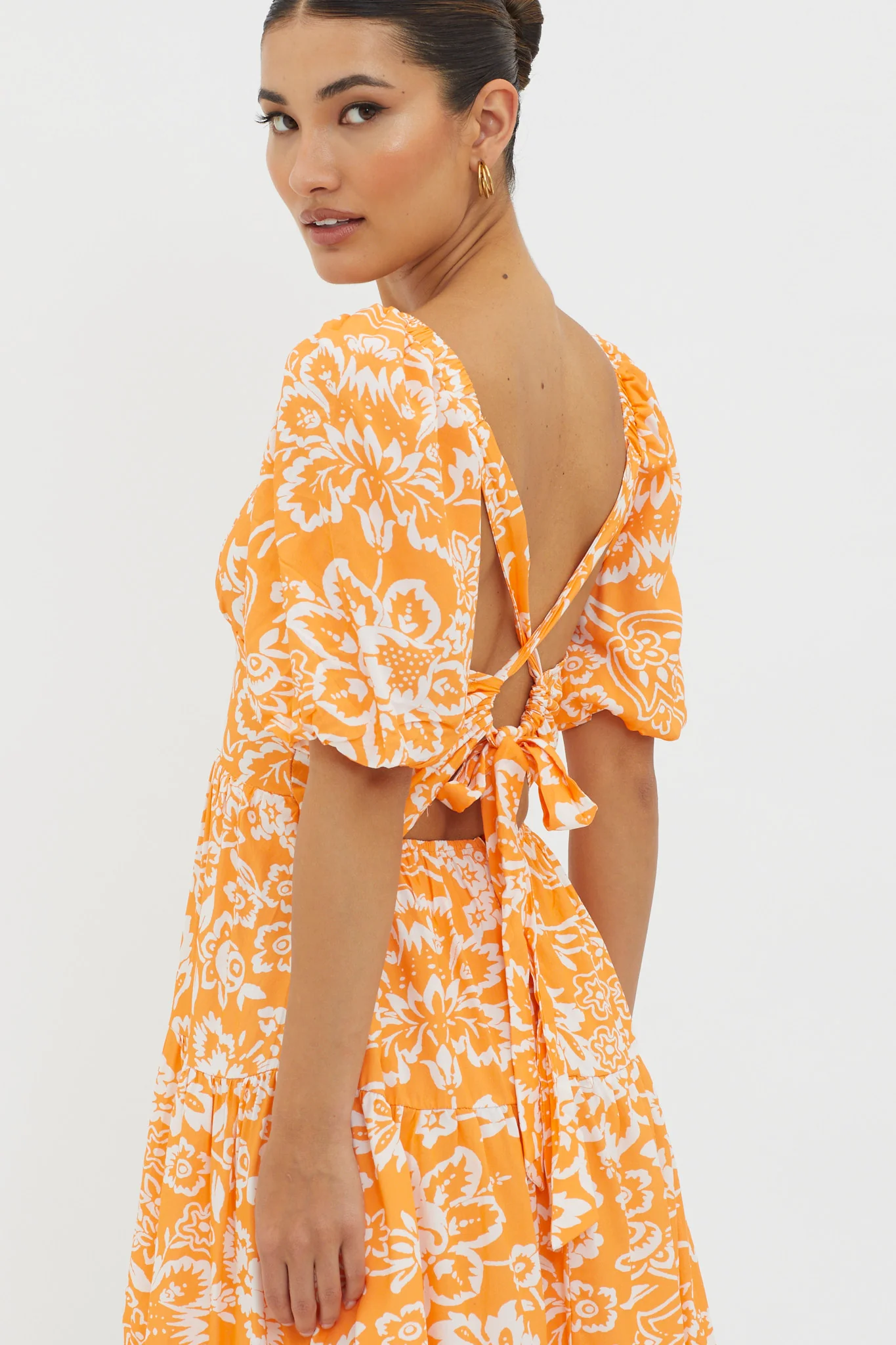 Madrid Summer Tied Back Mini Dress Print Orange - Image 4