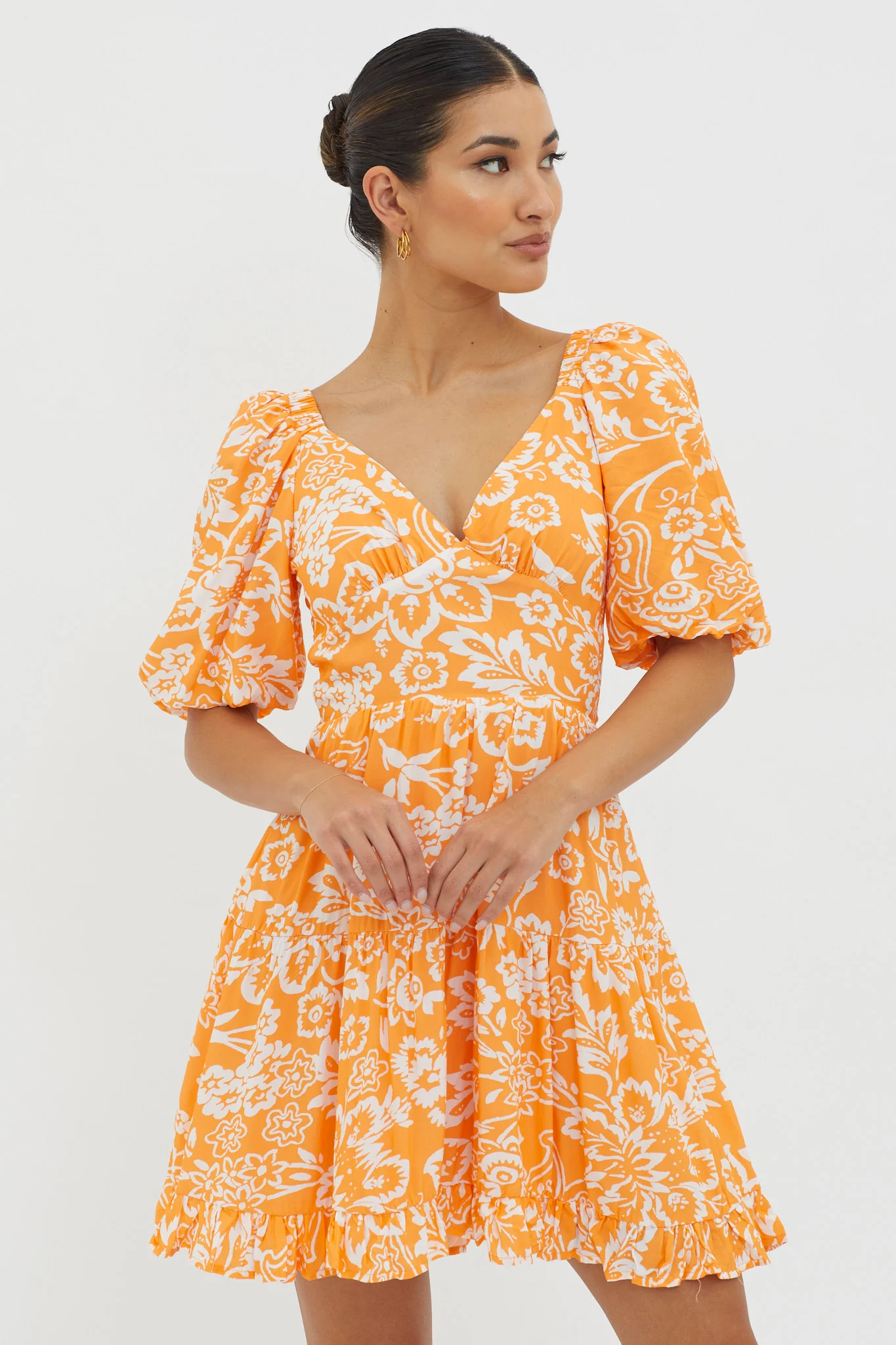 Madrid Summer Tied Back Mini Dress Print Orange - Image 5