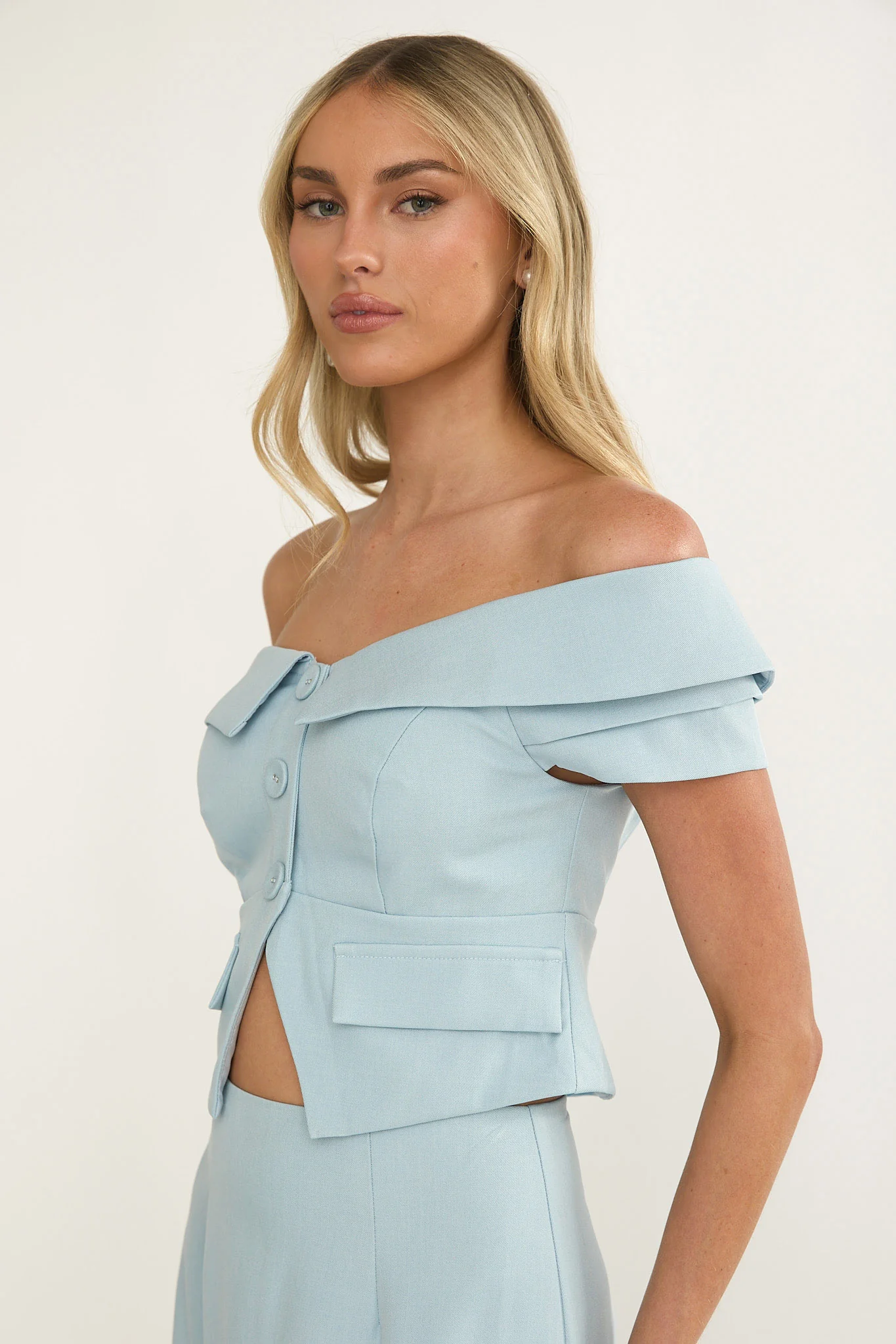 Maelie Foldover Off-Shoulder Top Blue - Image 6