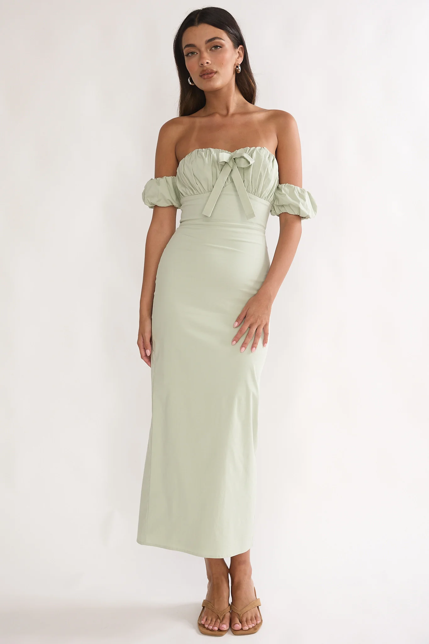 Maelis Off-Shoulder Puff Sleeve Maxi Dress Sage - Image 5