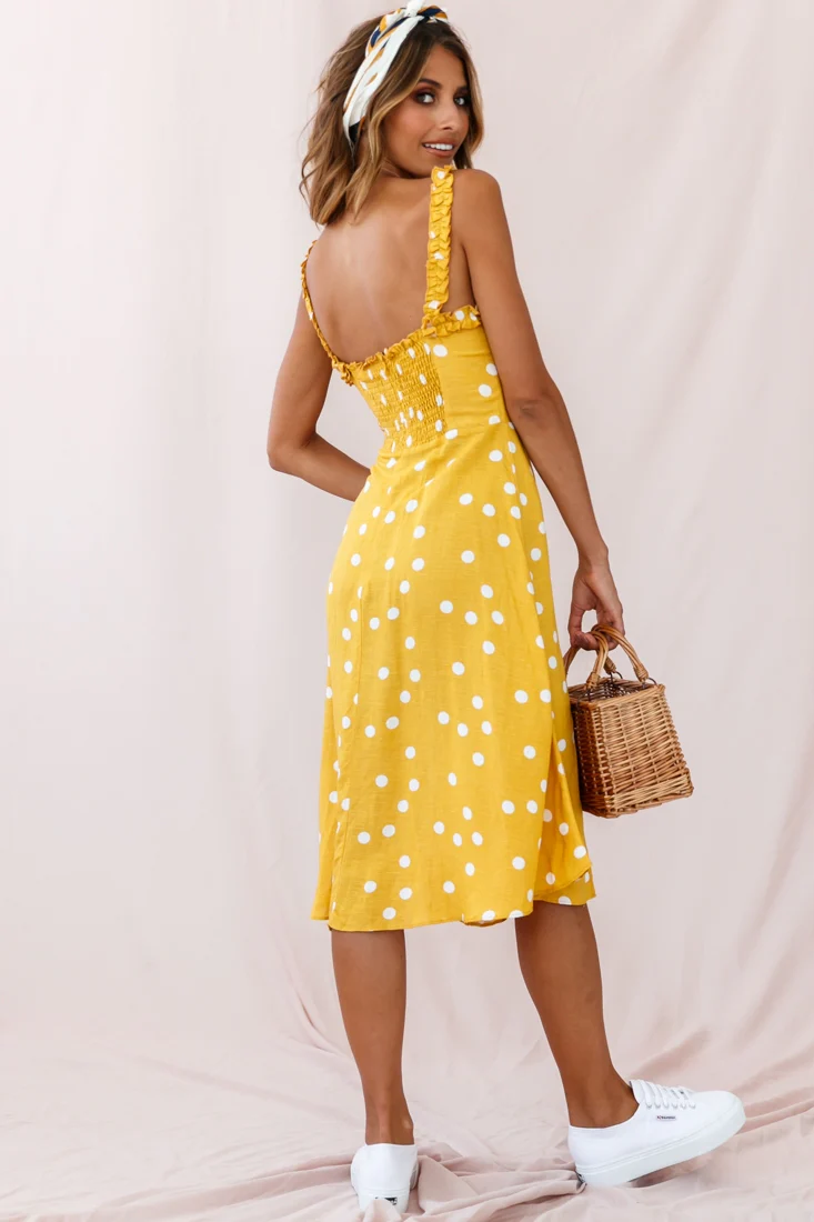 Magdalene Frill Strap A-Line Midi Dress Yellow Mustard - Image 4