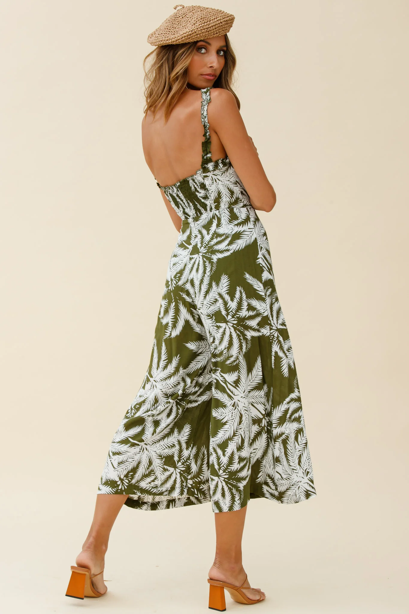 Magdalene Frill Strap Midi Jumpsuit Palm Print Olive - Image 2