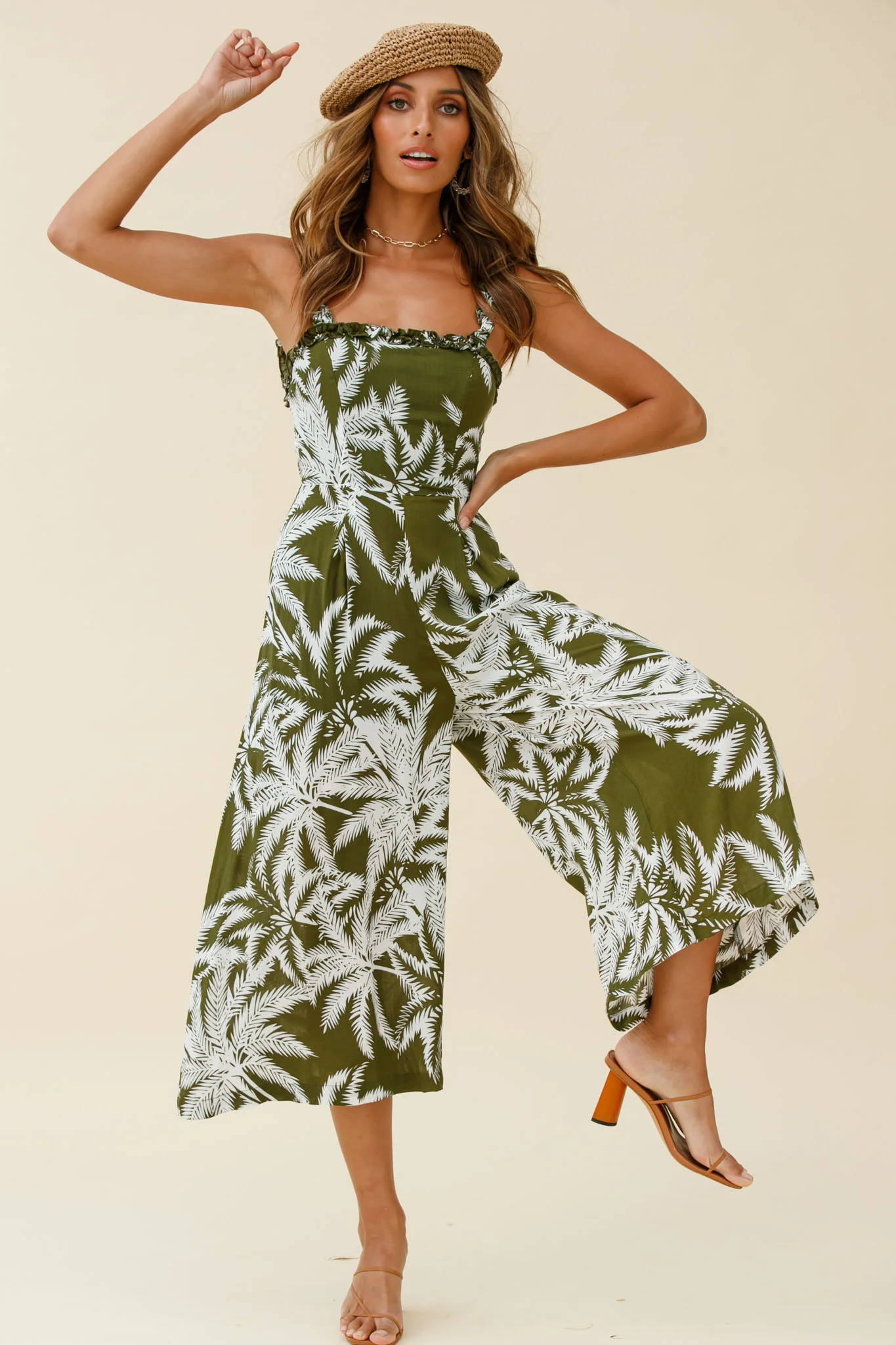 Magdalene Frill Strap Midi Jumpsuit Palm Print Olive - Image 5