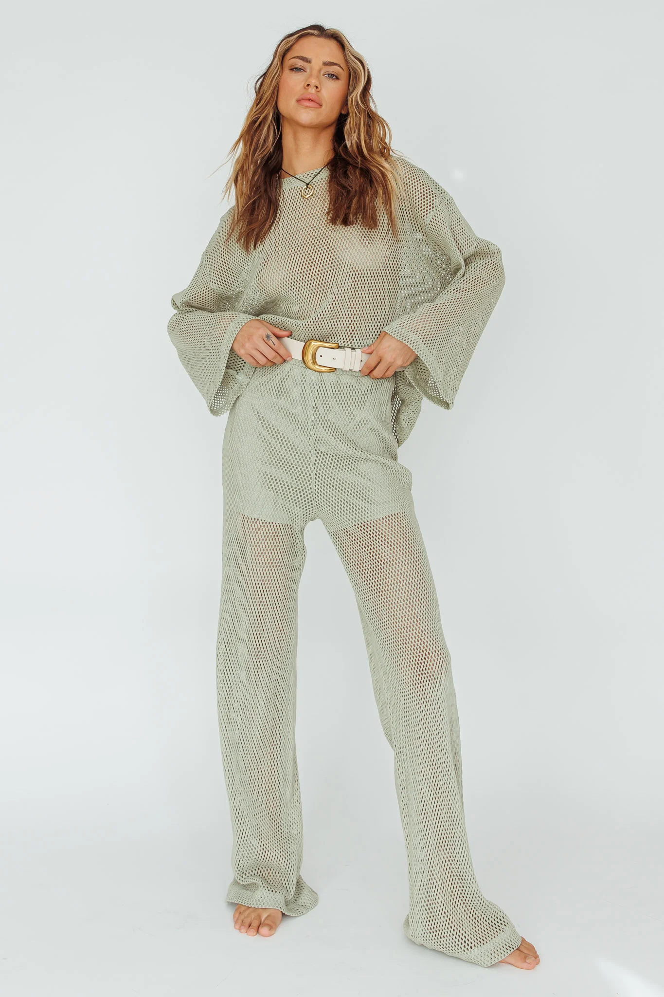 Mahina Long Sleeve Net Top Sage - Image 3