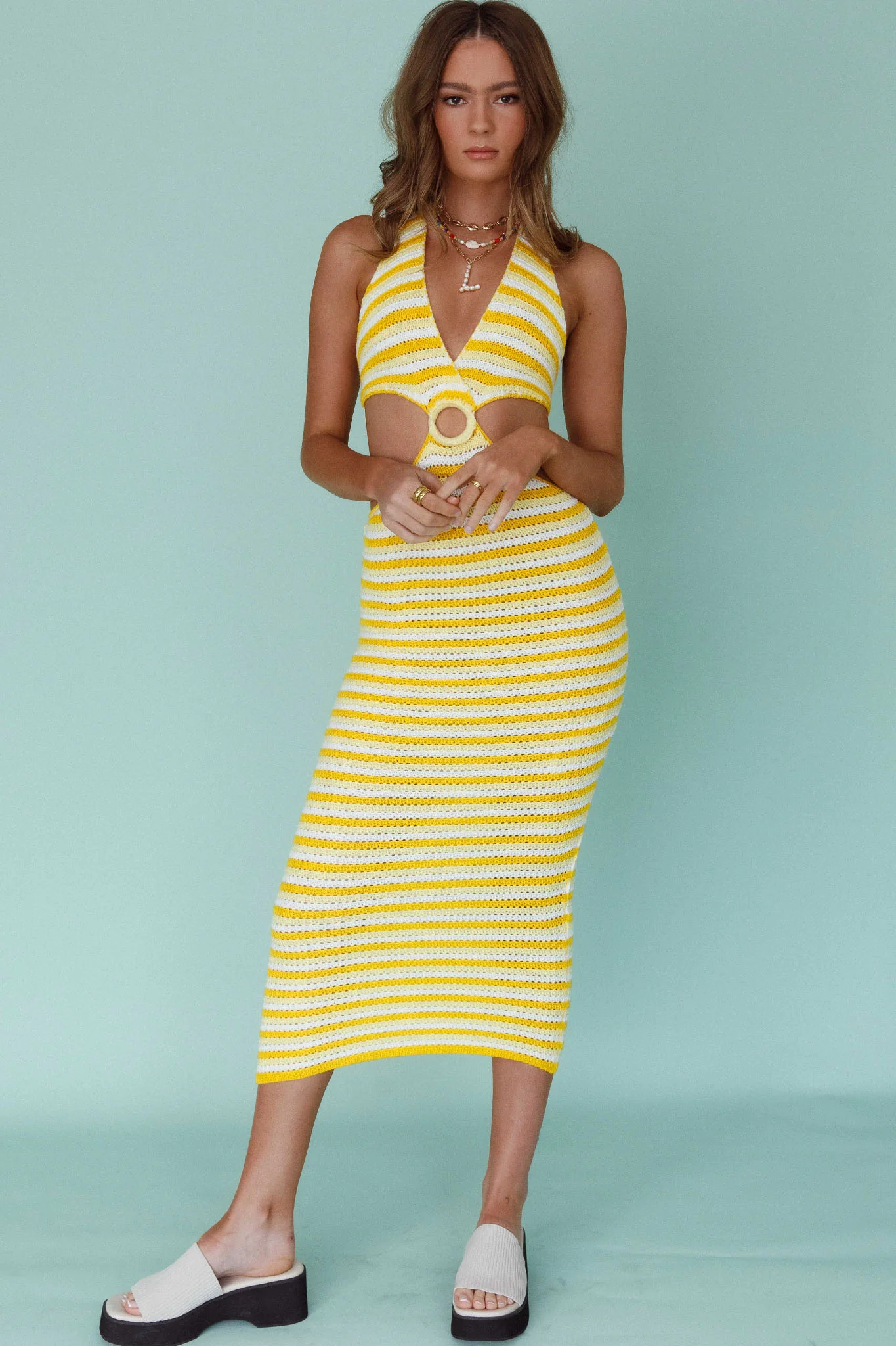 Makaria Cut-Out Crochet Midi Dress Lemon - Image 2