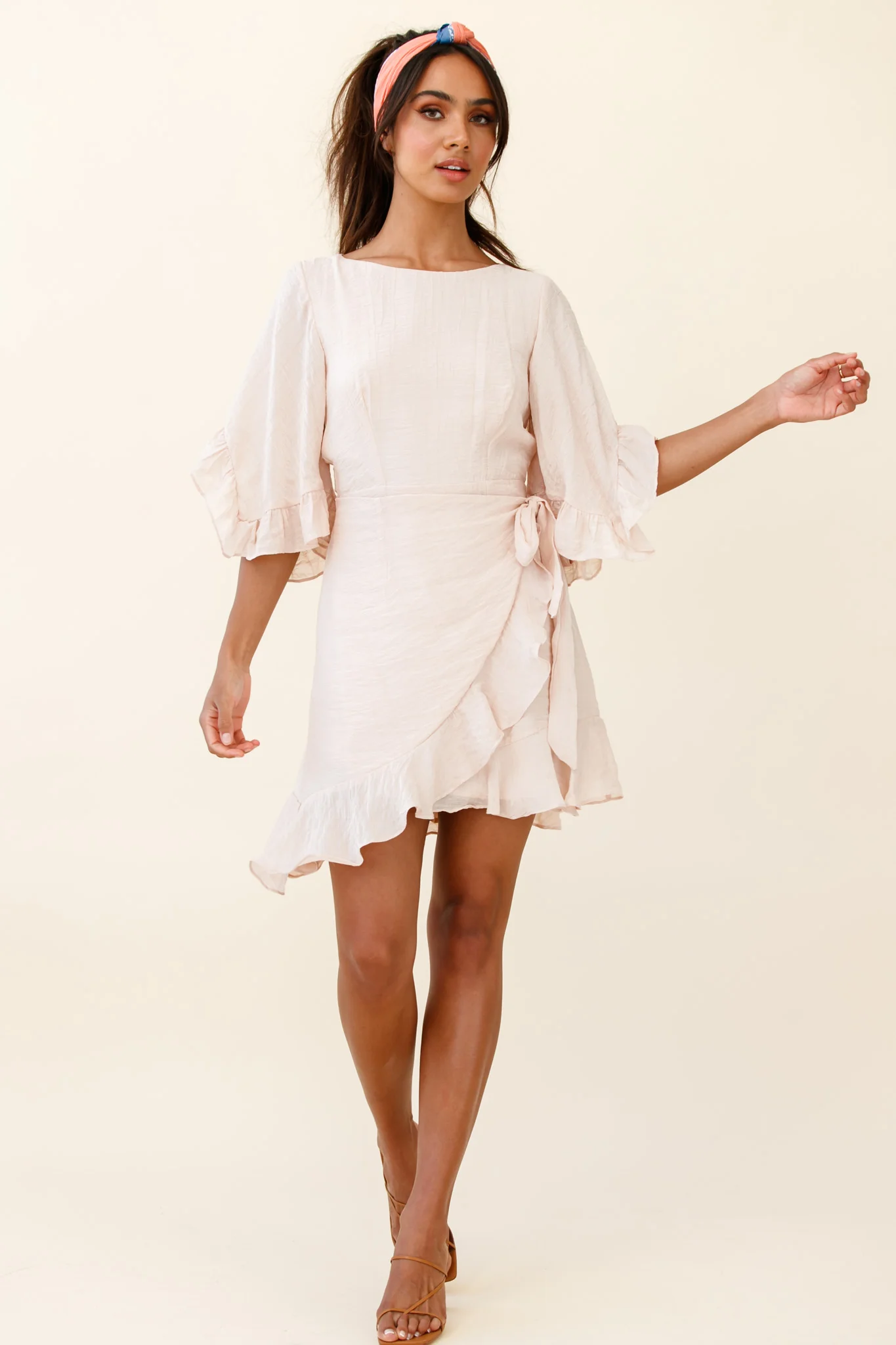 Make It Happen Flared Sleeve Ruffle Trim Dress Beige - Image 2