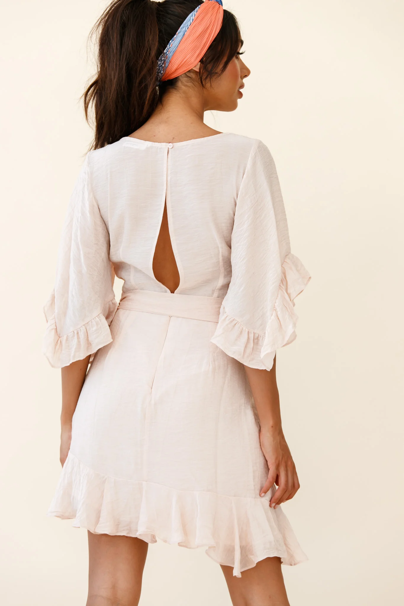Make It Happen Flared Sleeve Ruffle Trim Dress Beige - Image 3