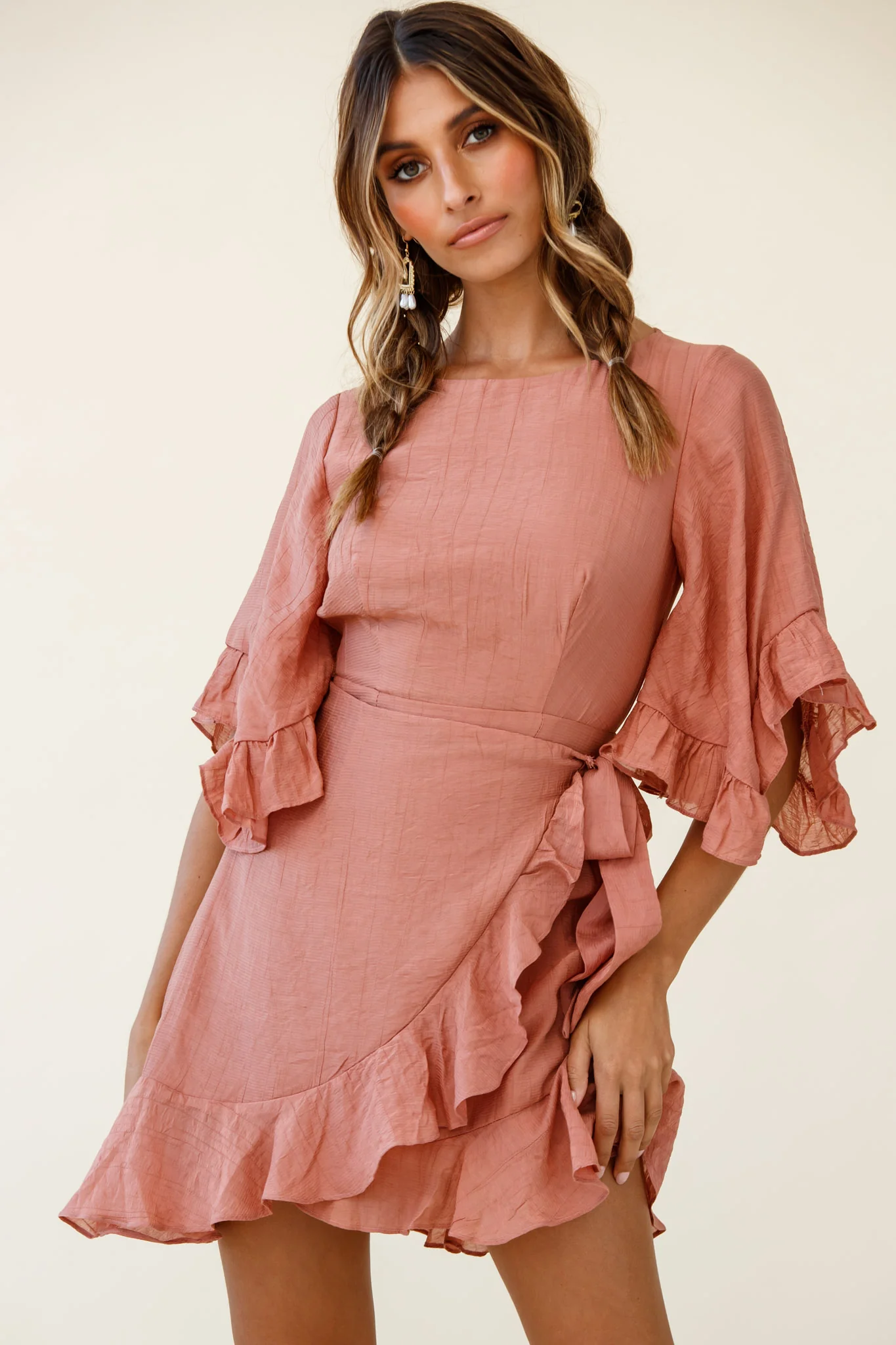 Make It Happen Flared Sleeve Ruffle Trim Dress Rose - Image 4