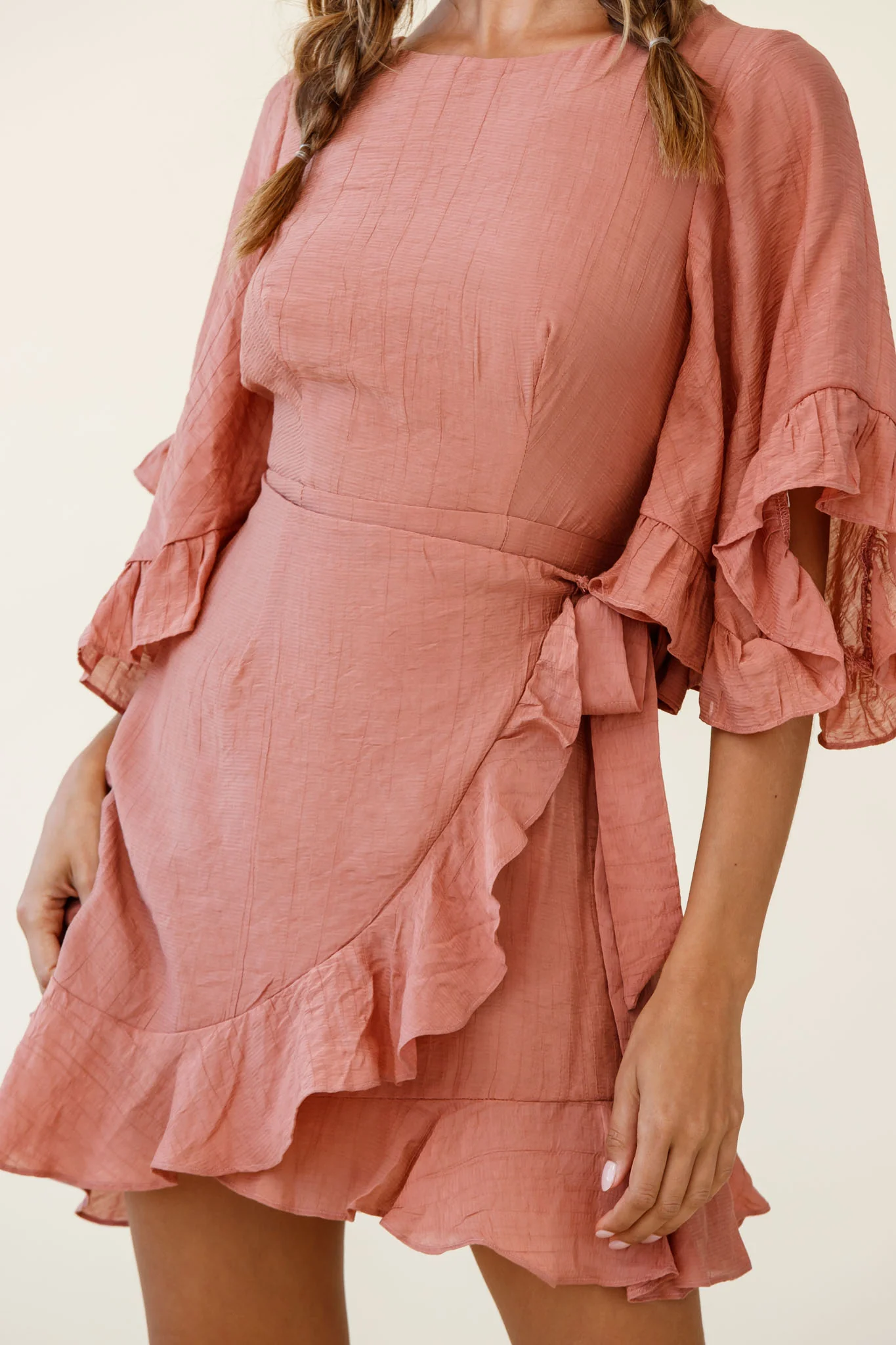 Make It Happen Flared Sleeve Ruffle Trim Dress Rose - Image 6