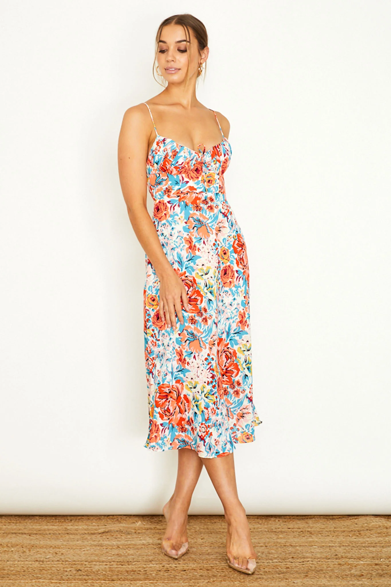 Malibu Gathered Bust Cami Strap Midi Dress Floral Orange - Image 2